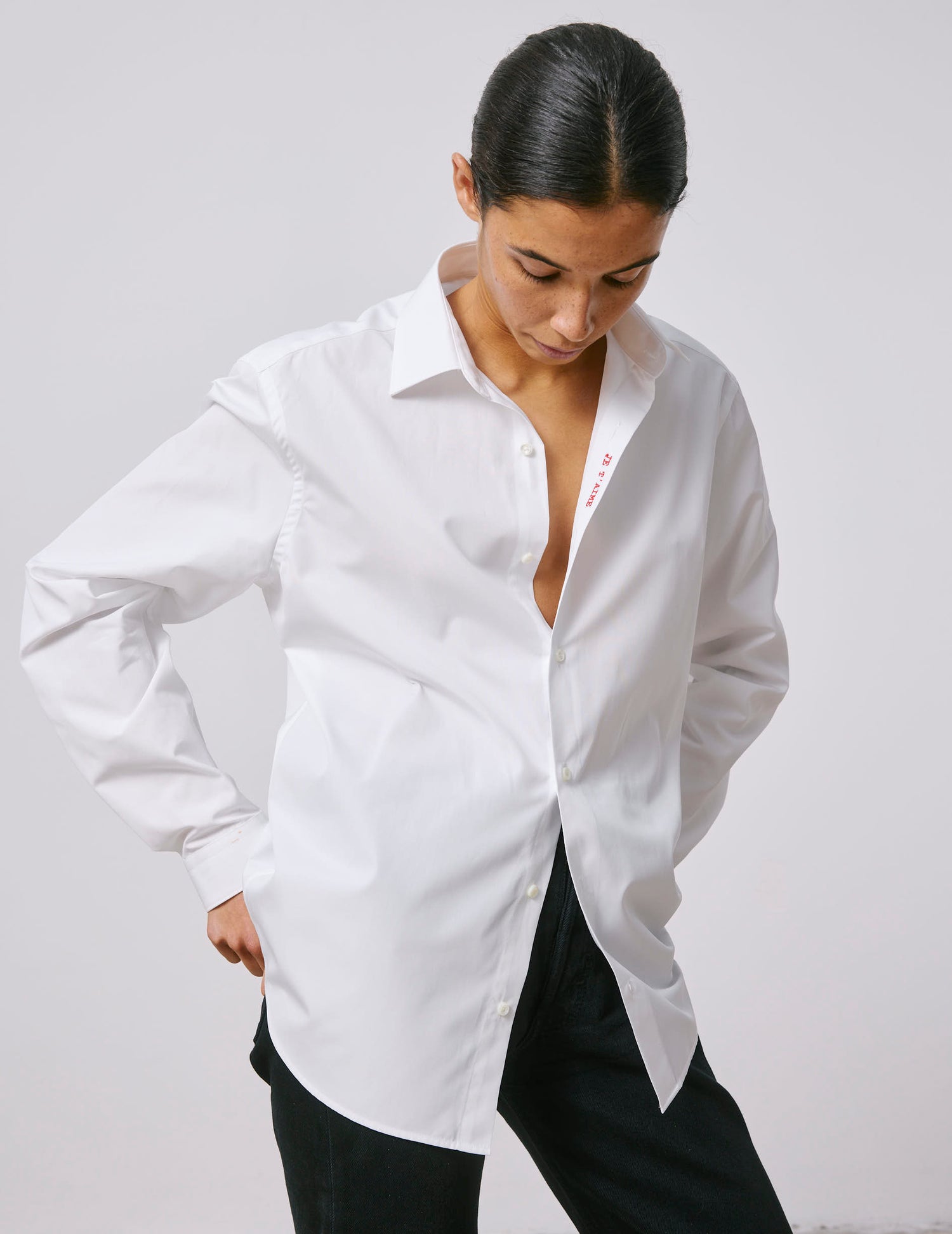 Unisex white "Je t'aime" shirt - Poplin - Figaret Collar#6