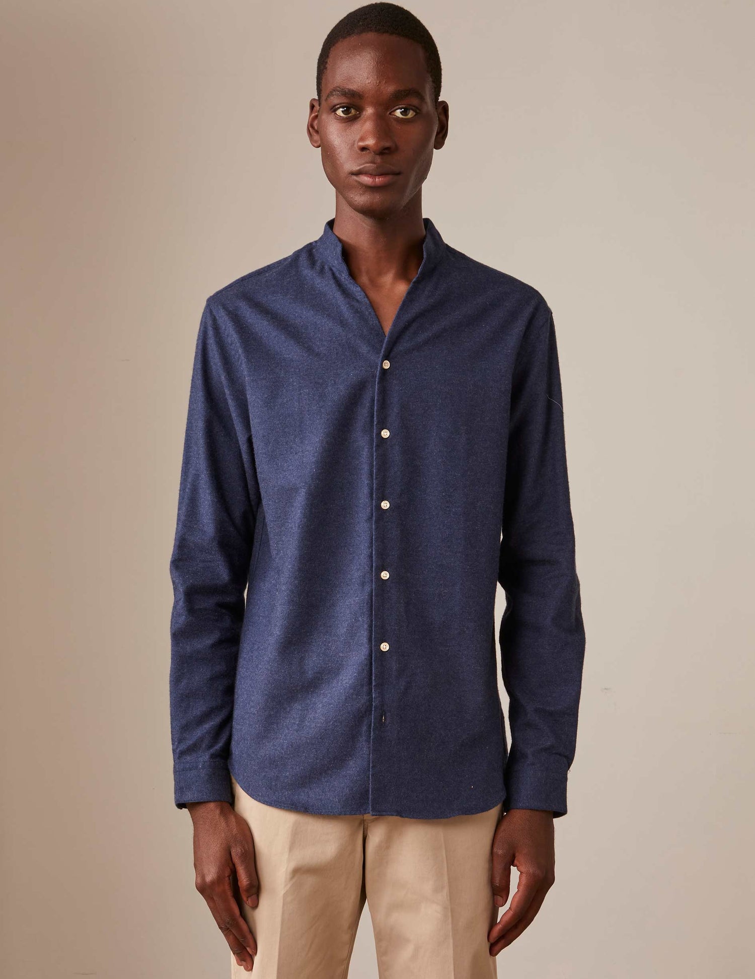 Carl shirt in navy blue cotton cashmere - Flannel - Open straight Collar#3