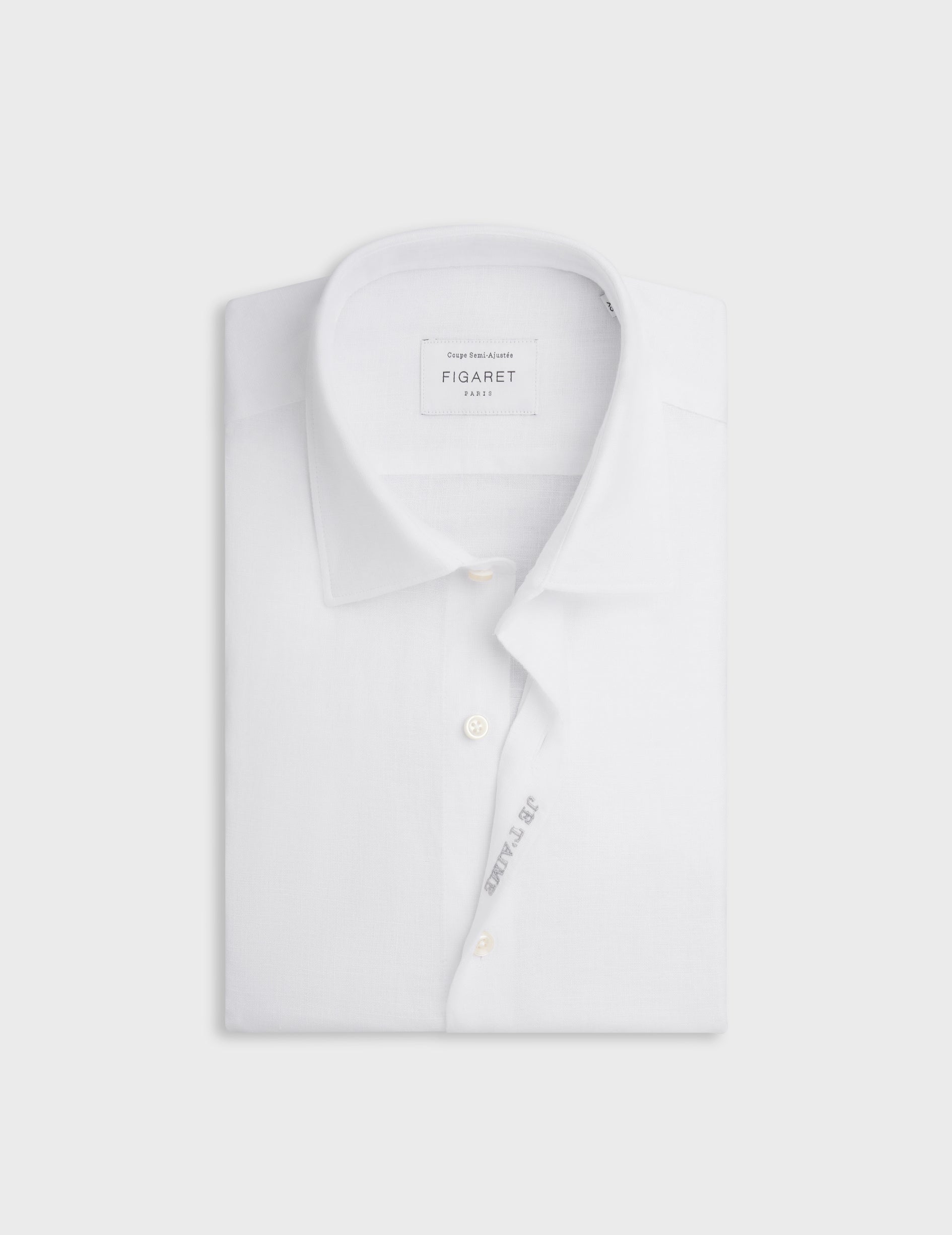 White linen "Je t'aime" shirt with grey embroidery - Linen - Figaret Collar