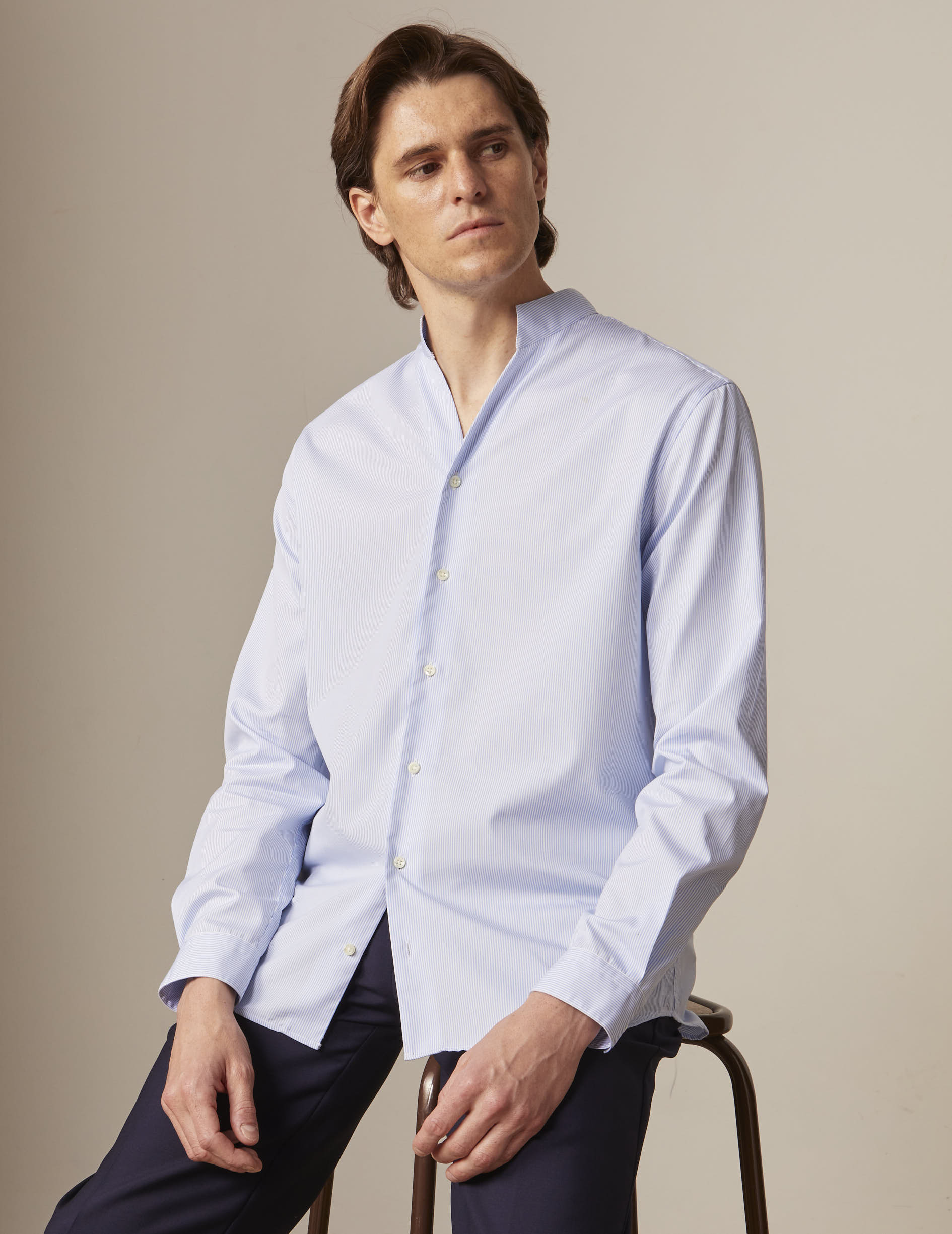 Blue striped Carl shirt - Poplin - Open straight Collar