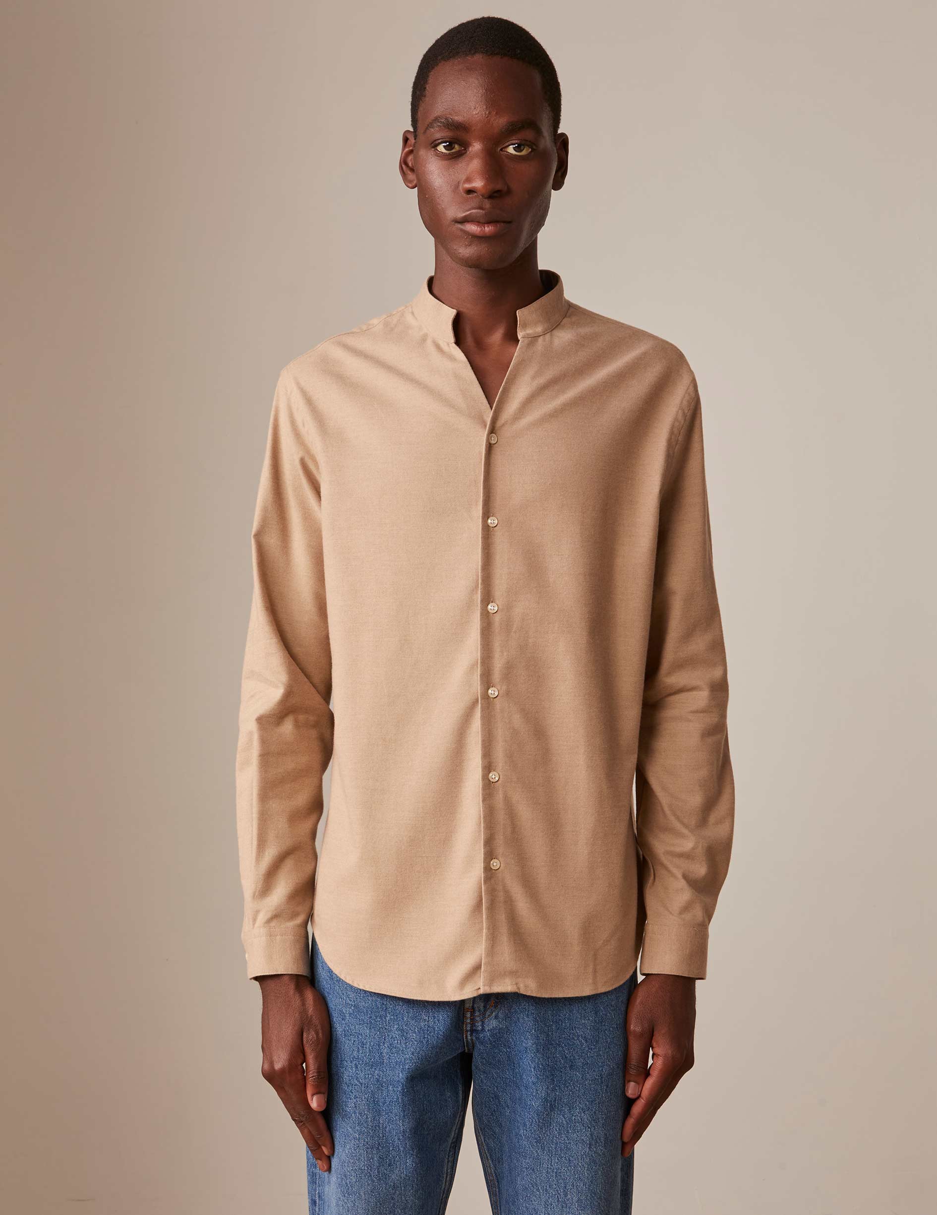 Beige Carl shirt - Flannel - Open straight Collar