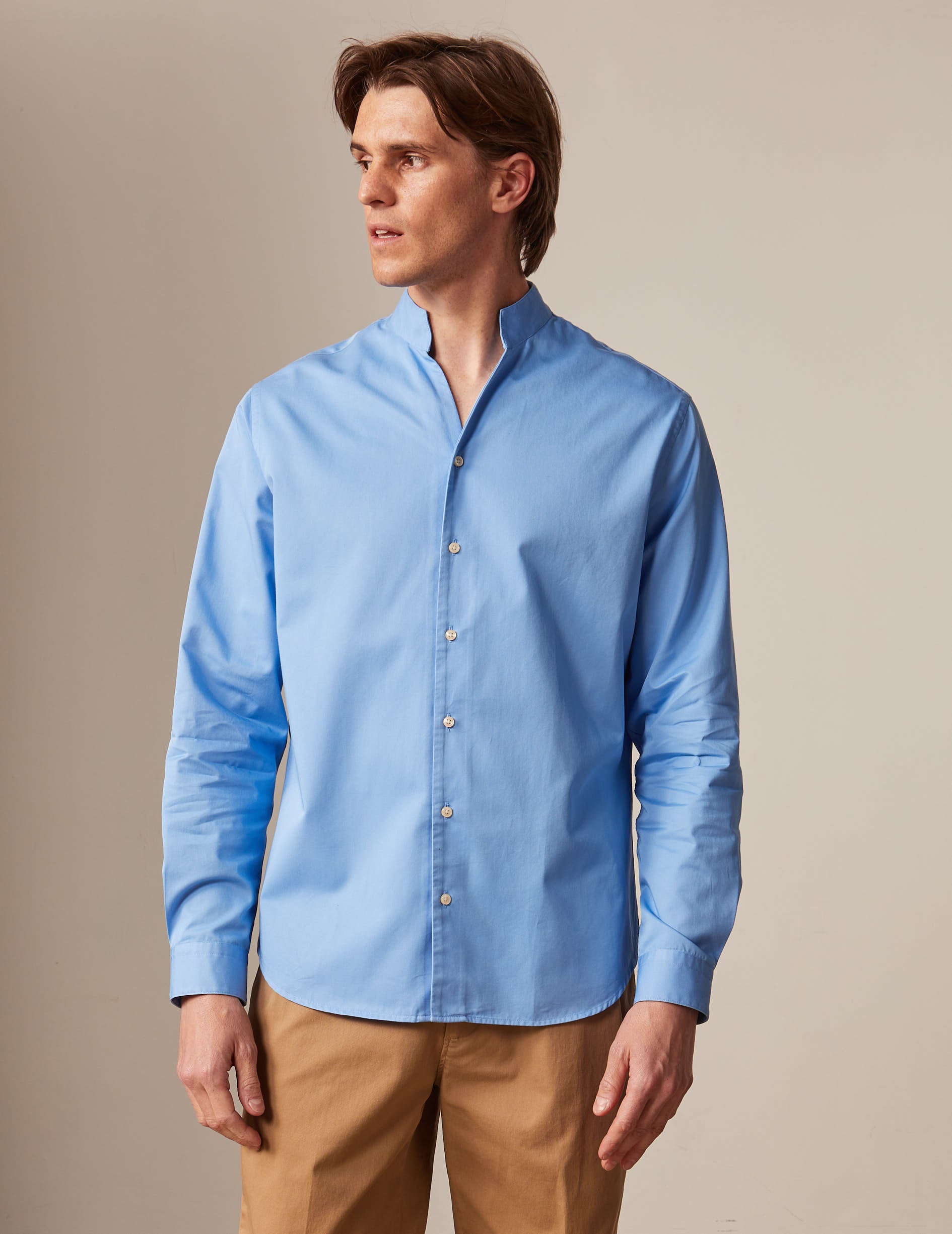 Chemise carl bleue - Twill - Col Droit ouvert