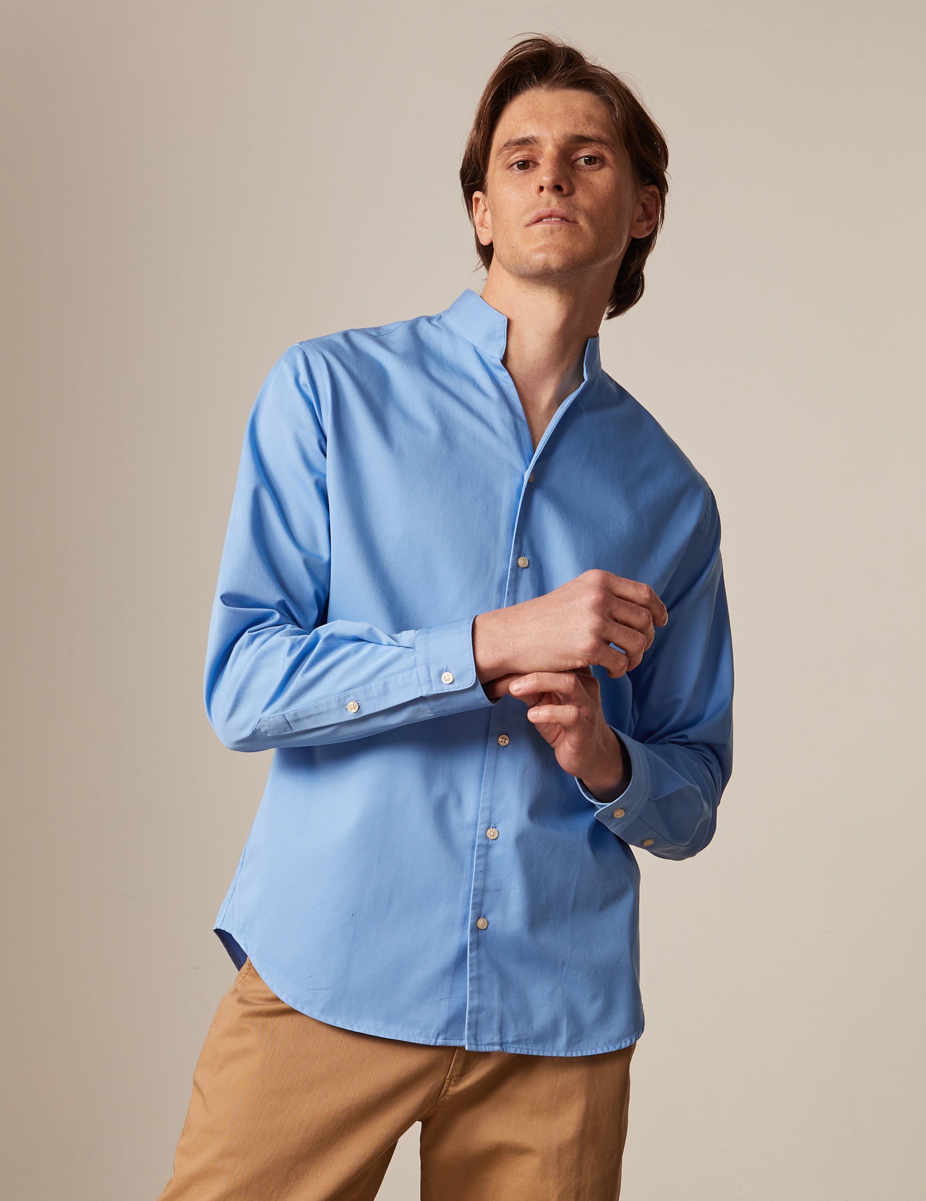 Chemise carl bleue - Twill - Col Droit ouvert