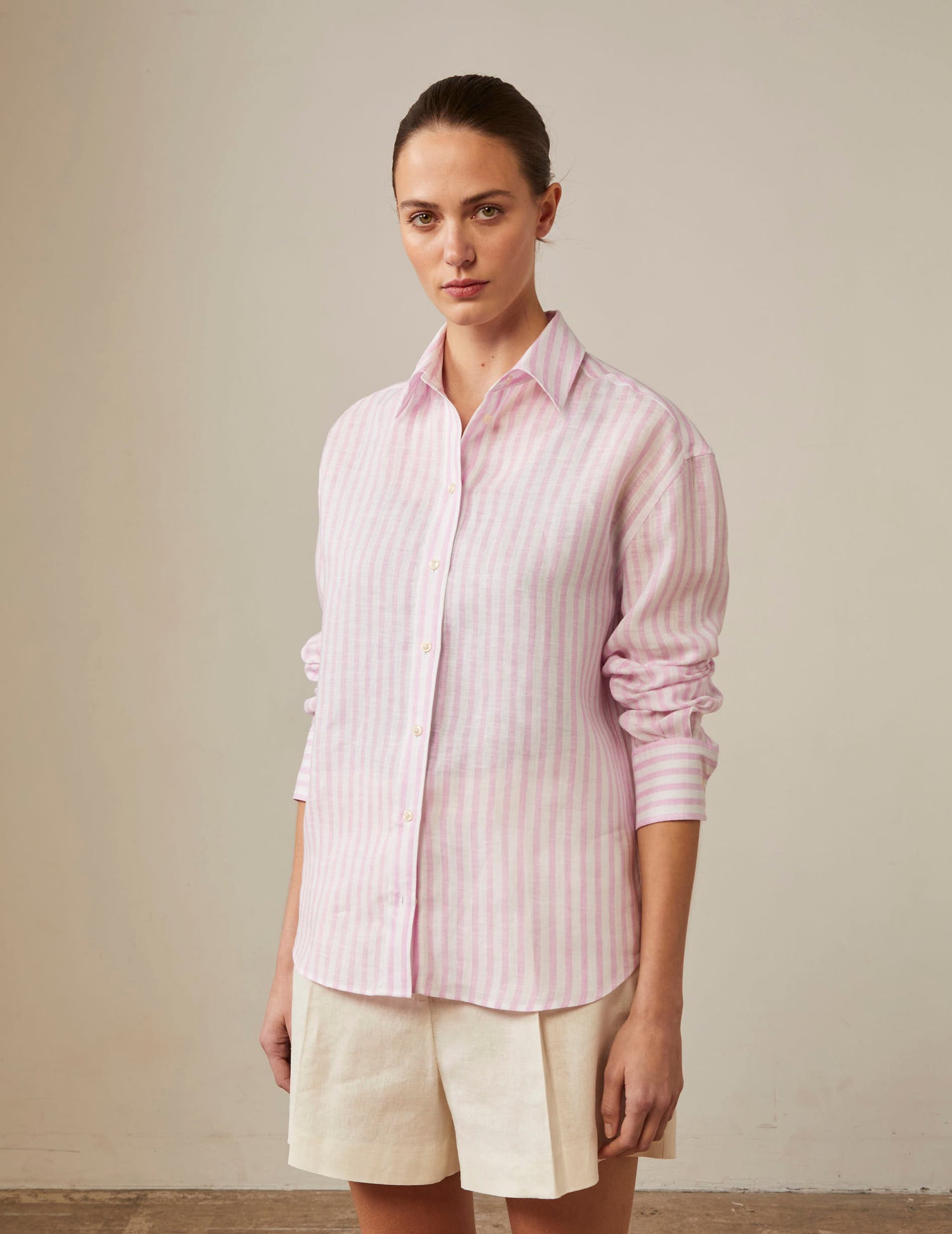 Ambre striped shirt in pink linen - Linen - Shirt Collar#3