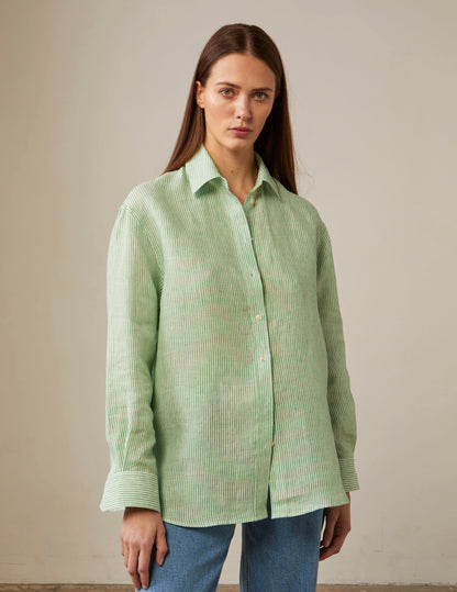 Delina oversized green linen striped shirt