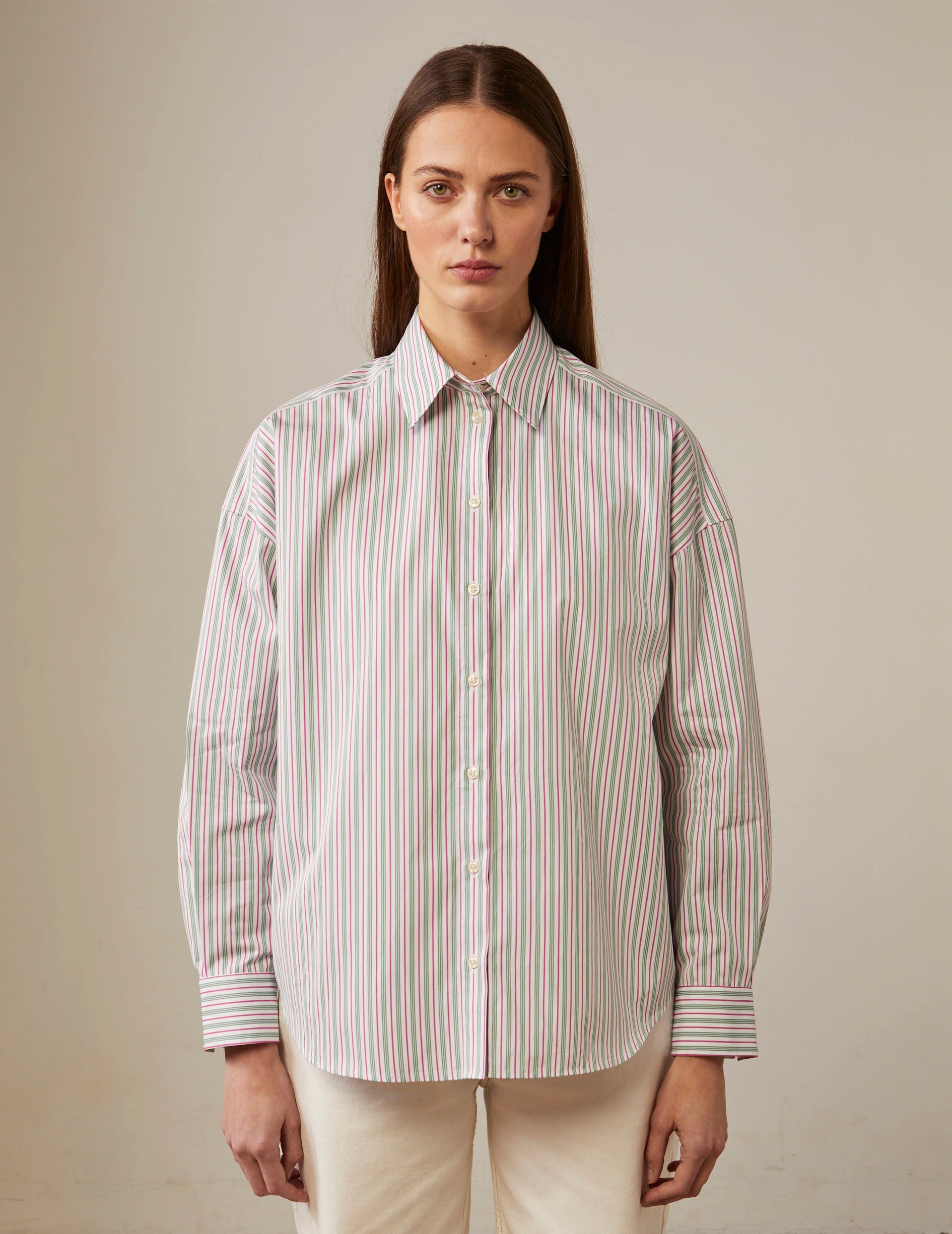 Oversized striped green Helina shirt - Poplin - Shirt Collar