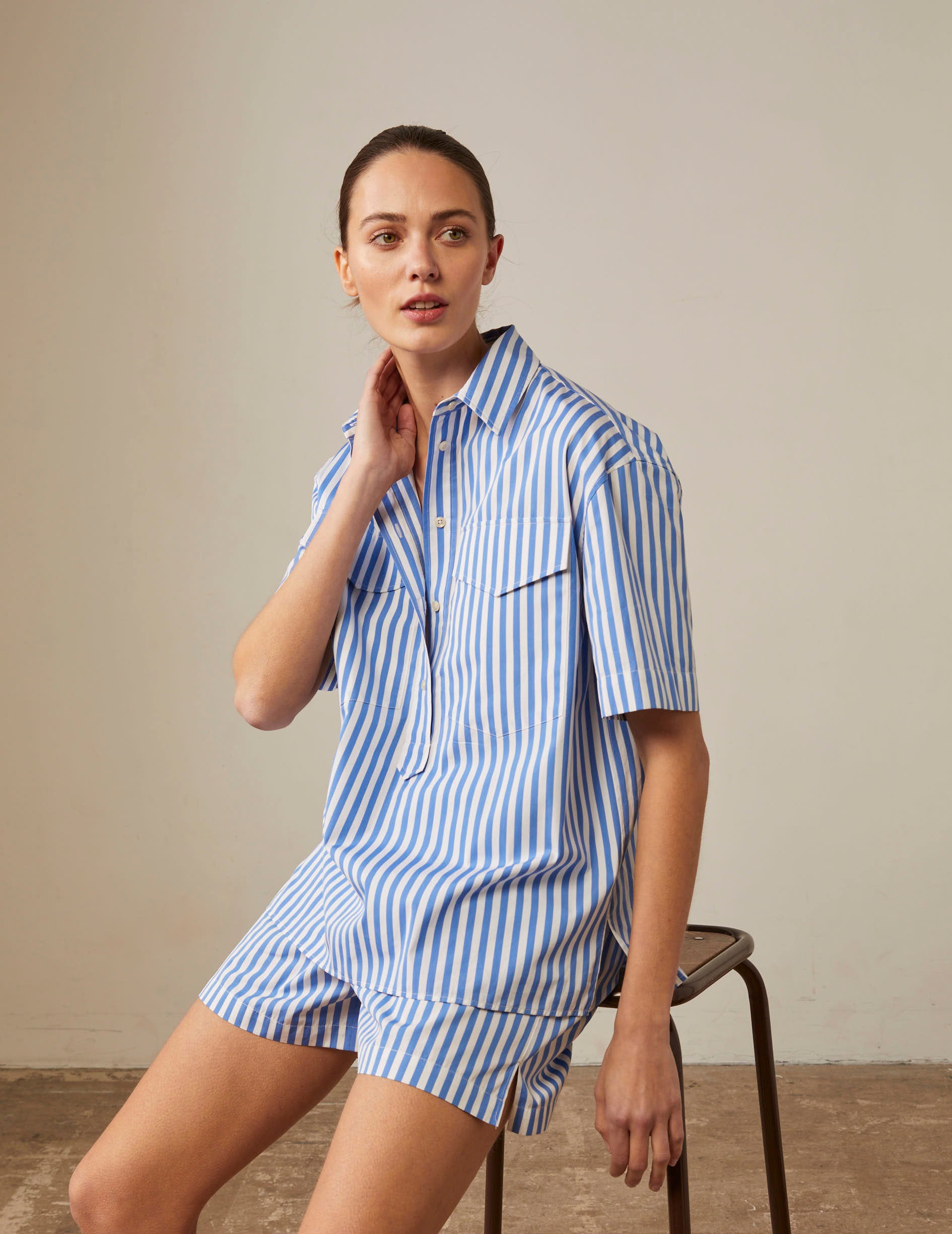 Short sleeve striped blue Hillary shirt - Poplin - Shirt Collar