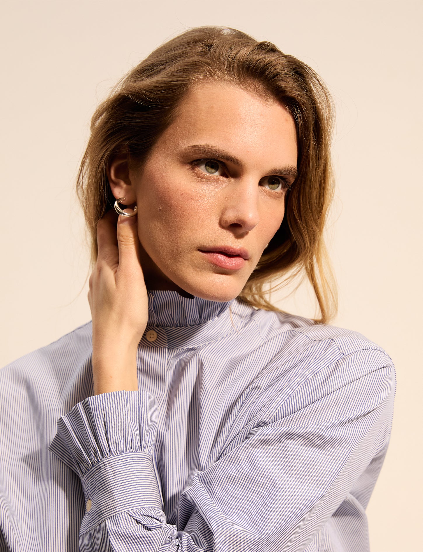 Striped blue Louison hidden buttons placket shirt - Poplin - Victorian Collar