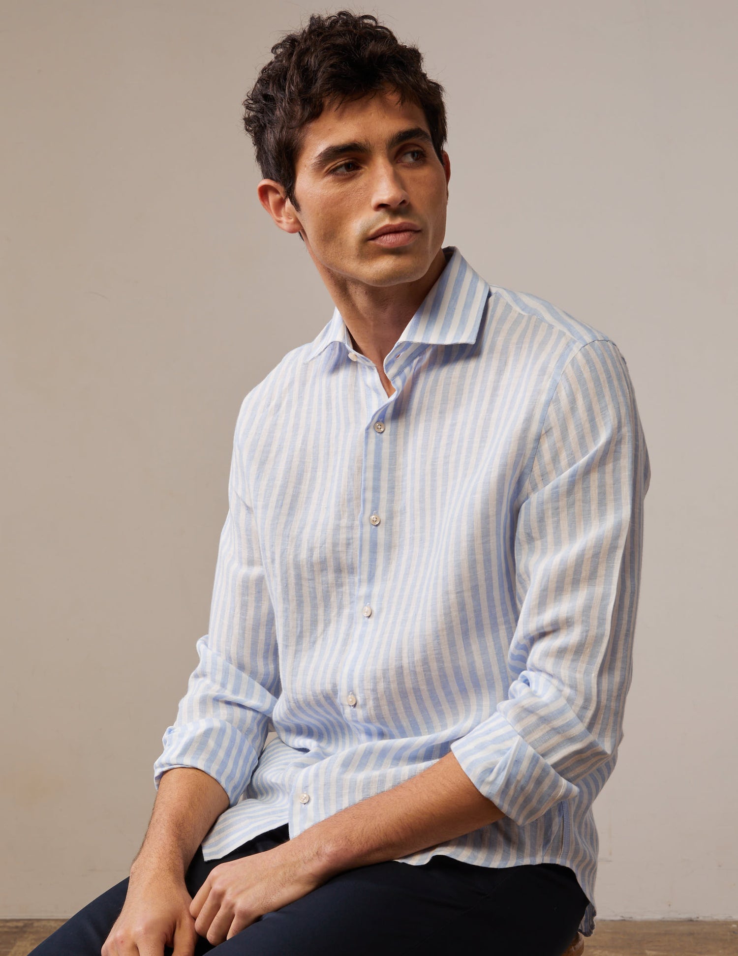 Aristote striped shirt in light blue linen - Linen - Italian Collar#3