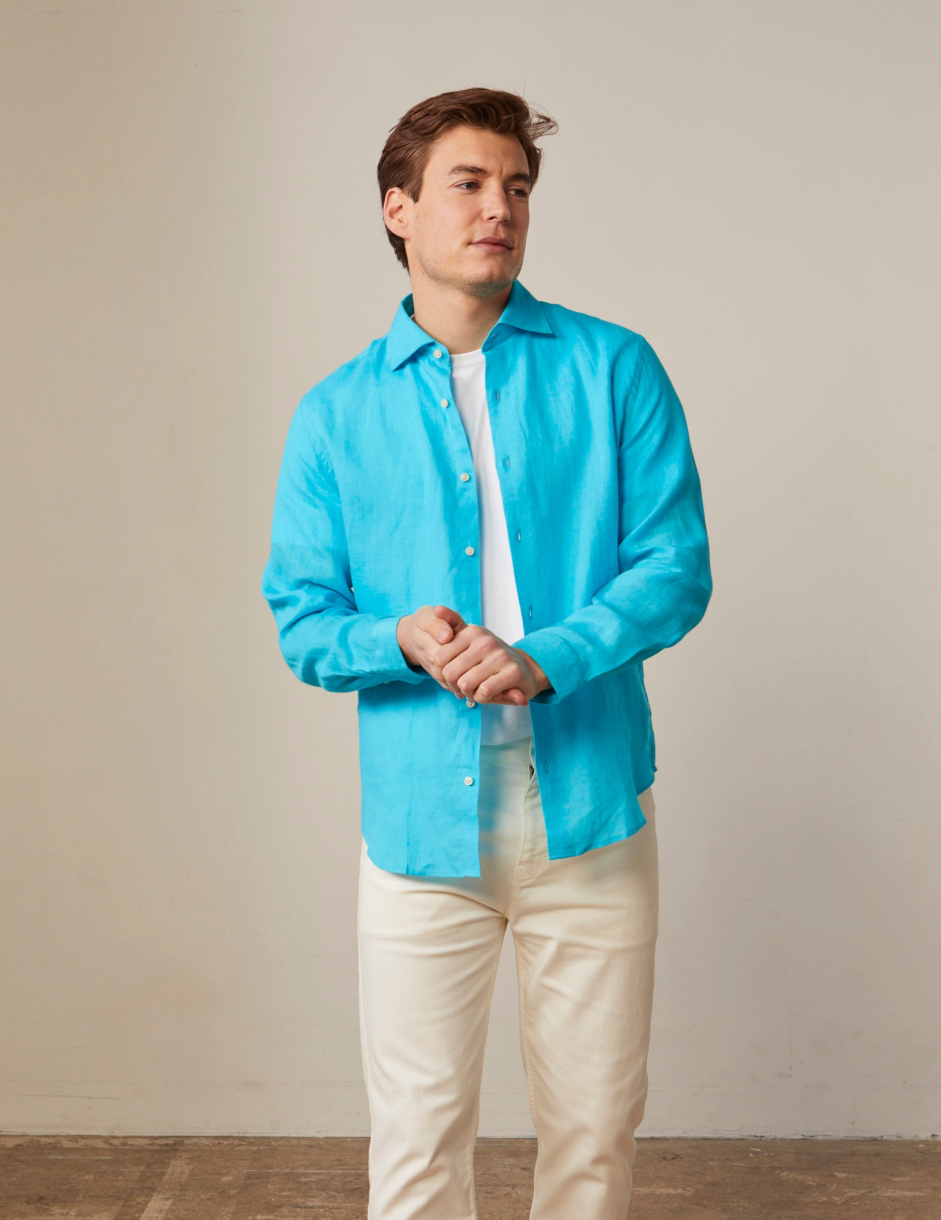 Aristote shirt in turquoise linen