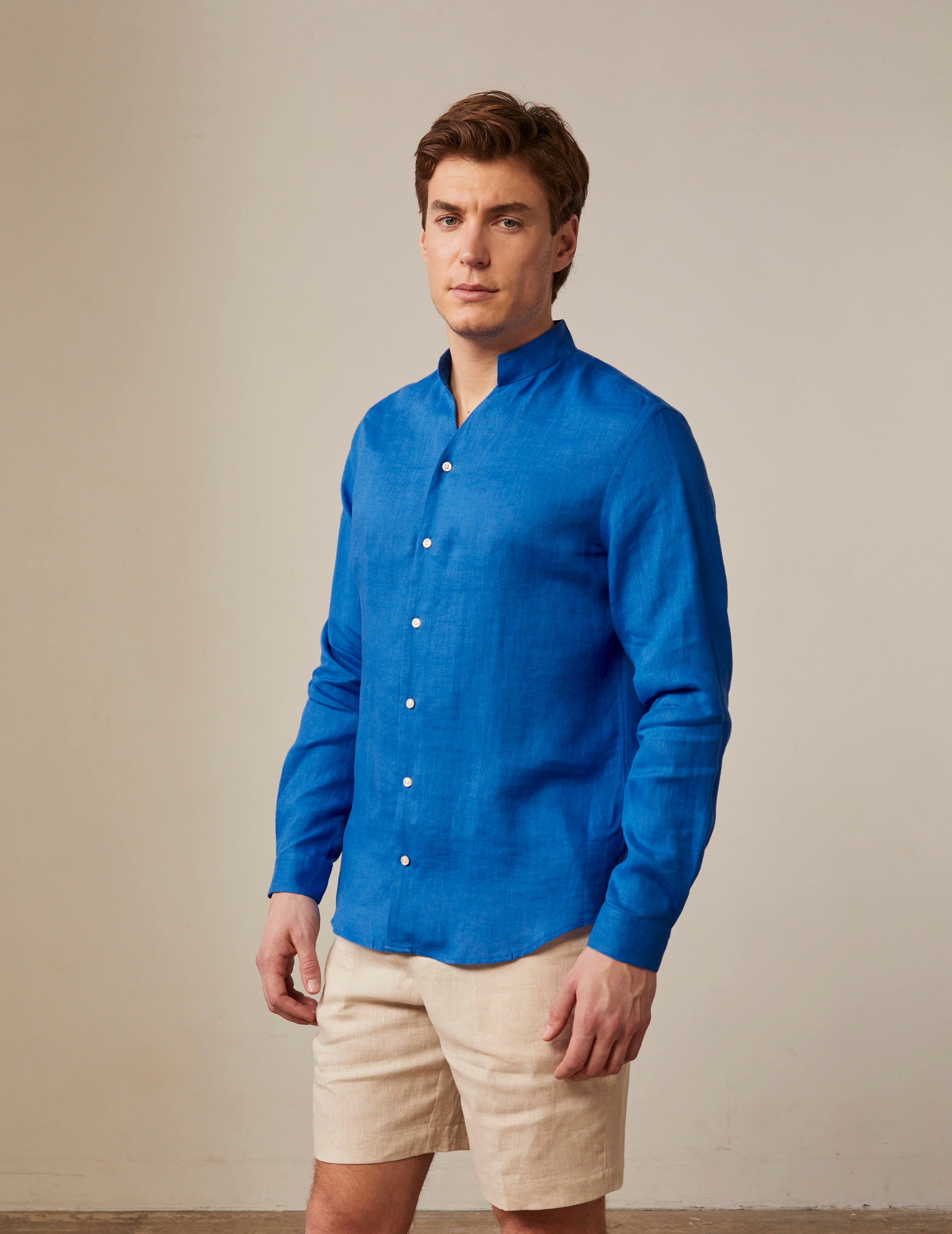 Blue linen Carl shirt - Linen - Open straight Collar