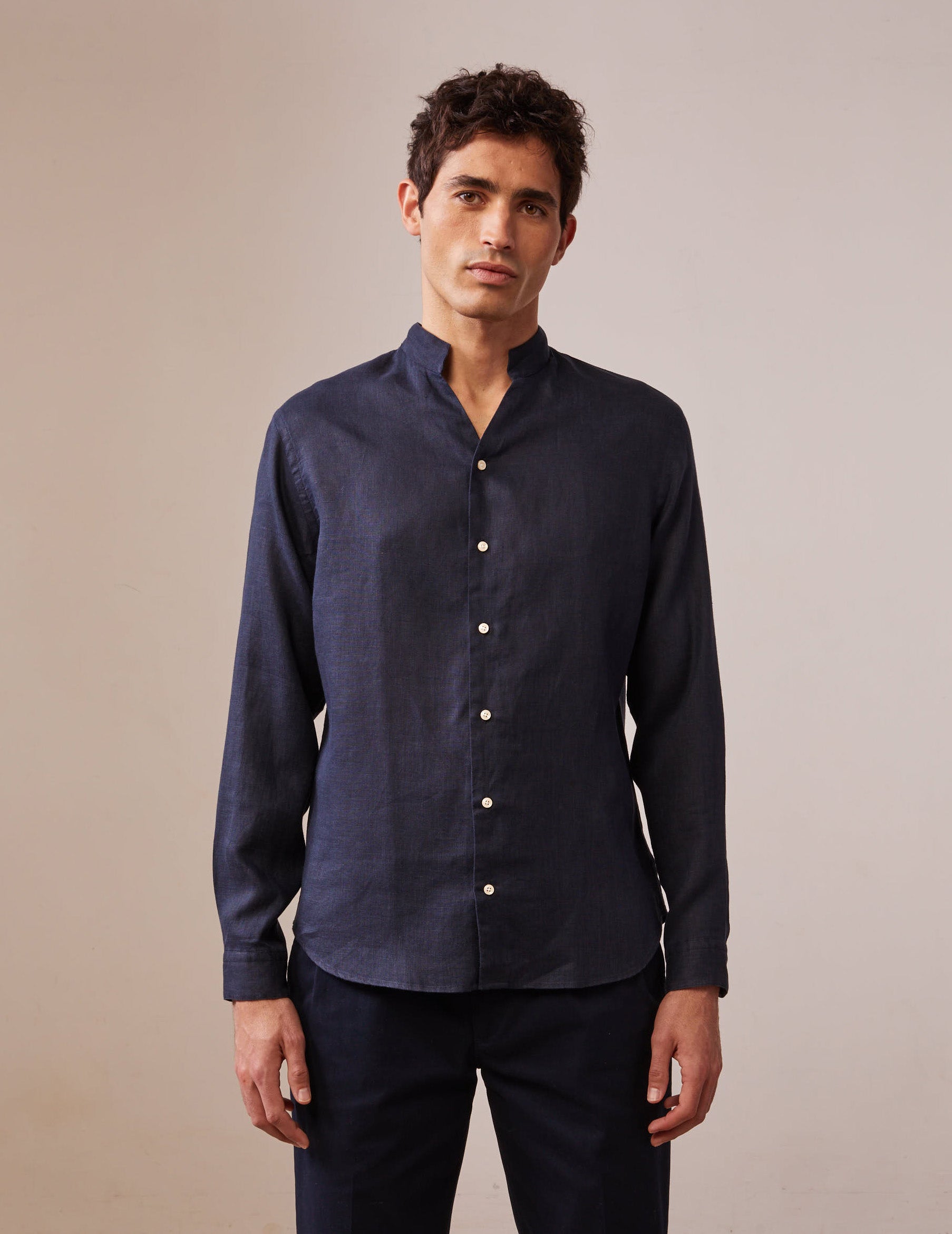 Navy linen Carl shirt - Linen - Open straight  Collar