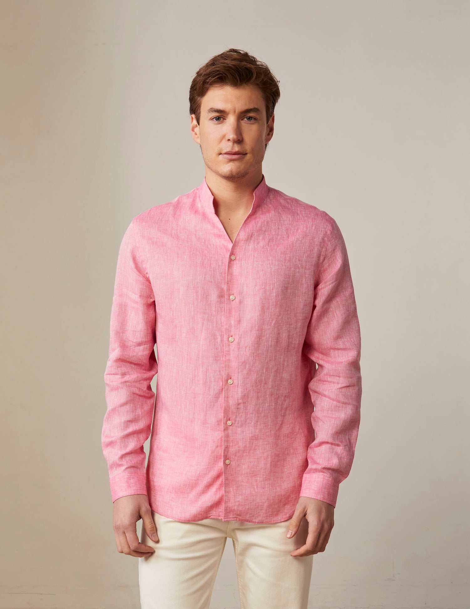 Pink linen Carl shirt - Linen - Open Straight Collar#3
