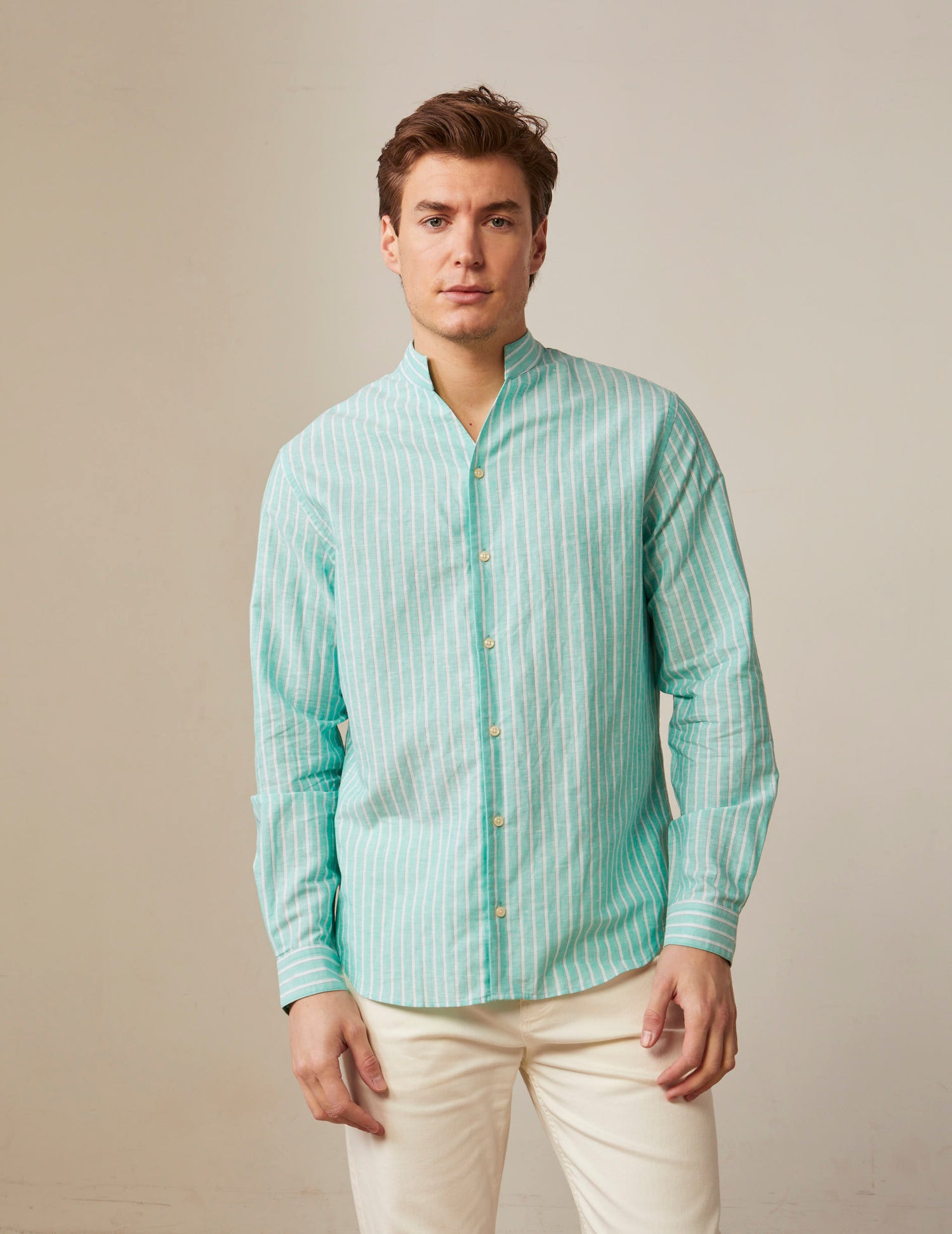 Carl striped shirt in light green linen - Linen - Open straight Collar#3