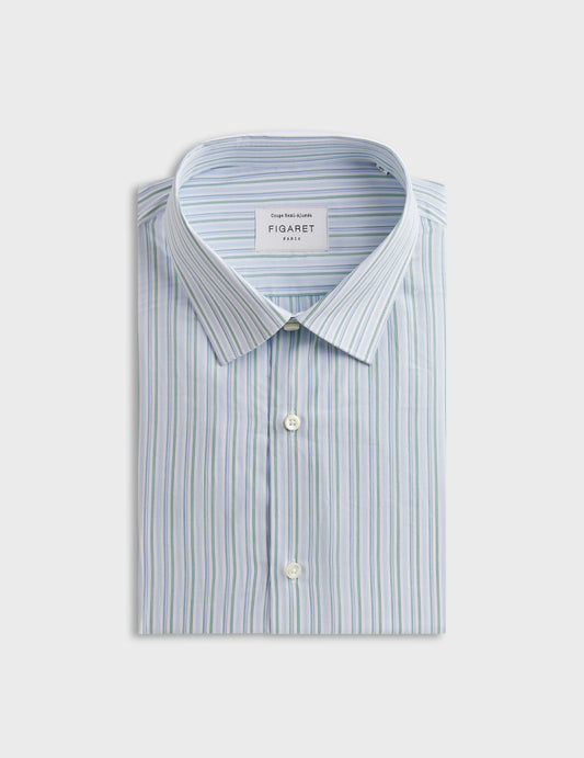 Striped green semi-fitted shirt - Poplin - Figaret Collar