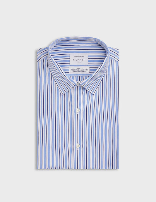 Striped navy semi-fitted shirt - Poplin - Figaret Collar