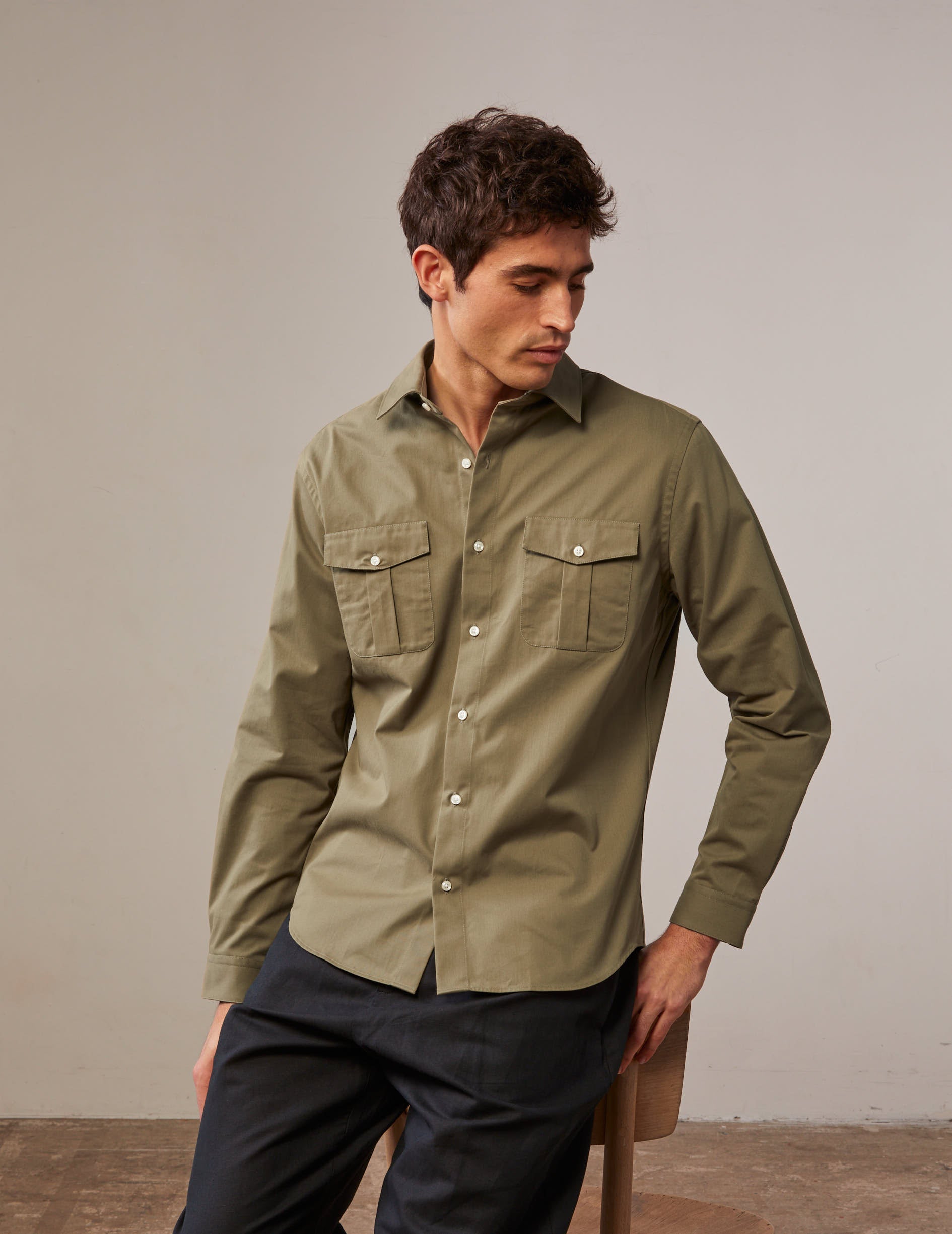 Khaki Héléon shirt - Twill - French Collar