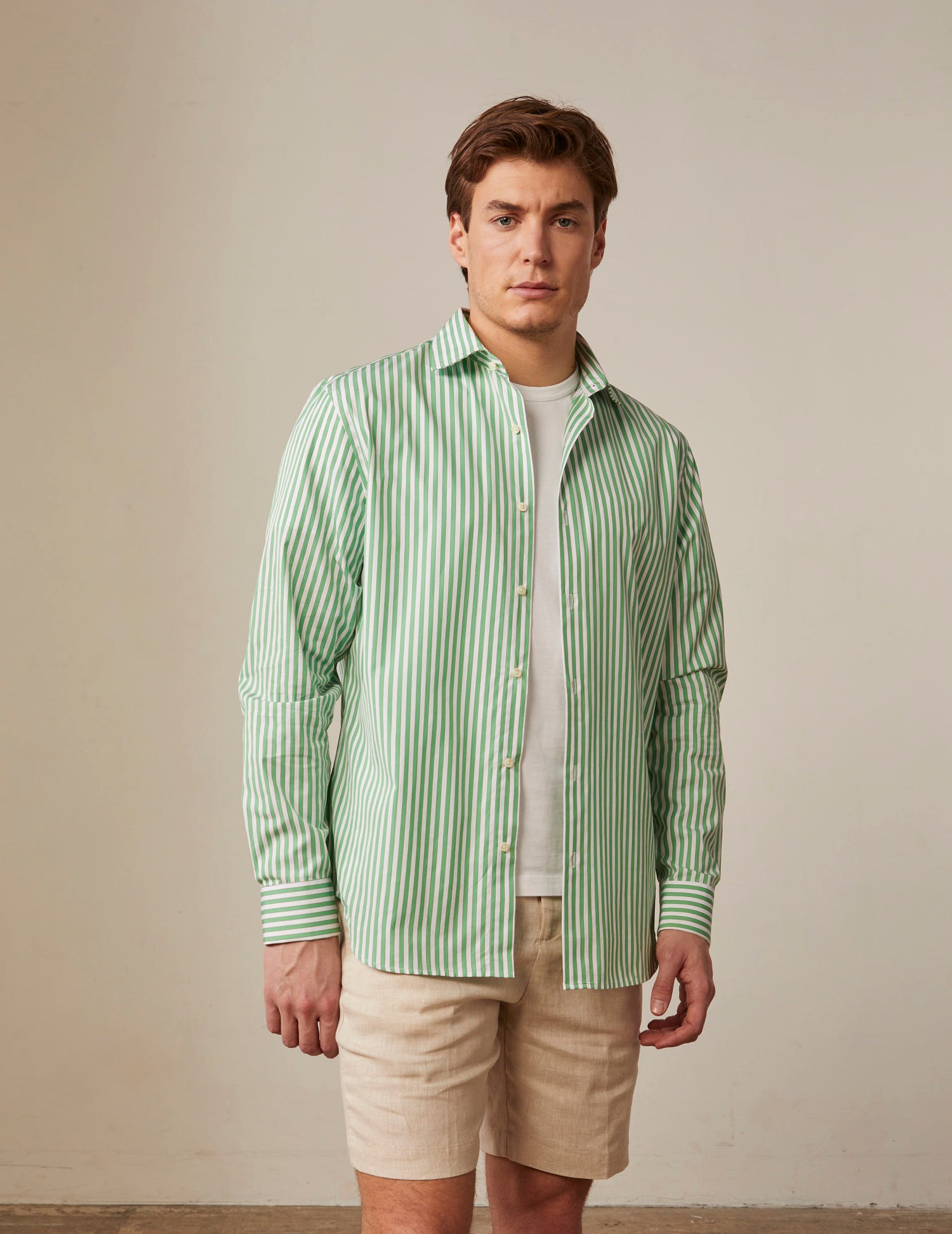 Chemise semi-ajustée rayée verte - Popeline - Col Italien#4