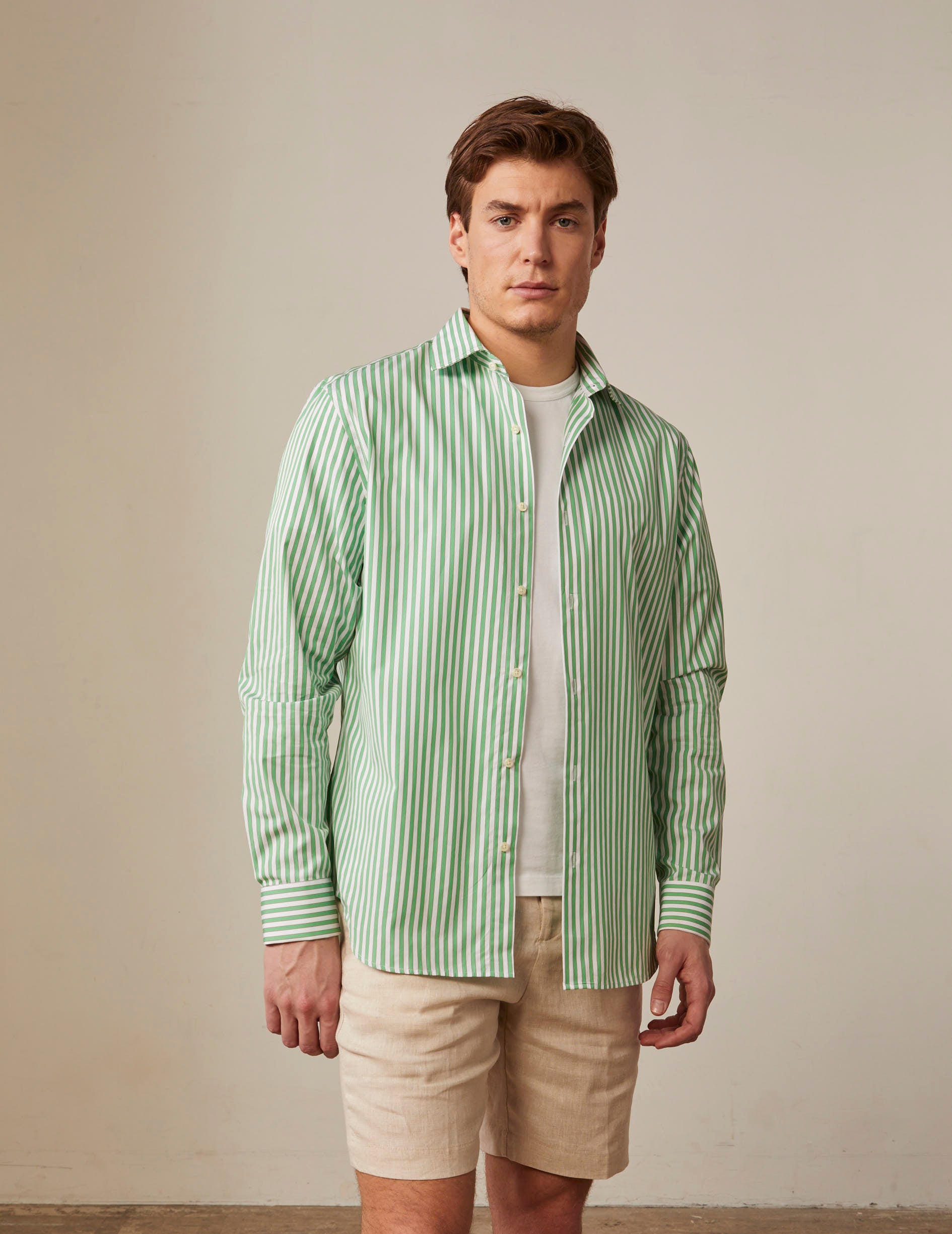 Striped green semi-fitted shirt - Poplin - Italian Collar