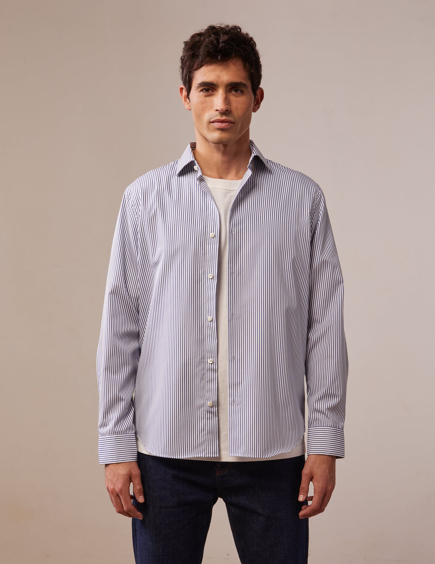 Striped navy semi-fitted wrinkle-free shirt - Poplin - Italian Collar#3