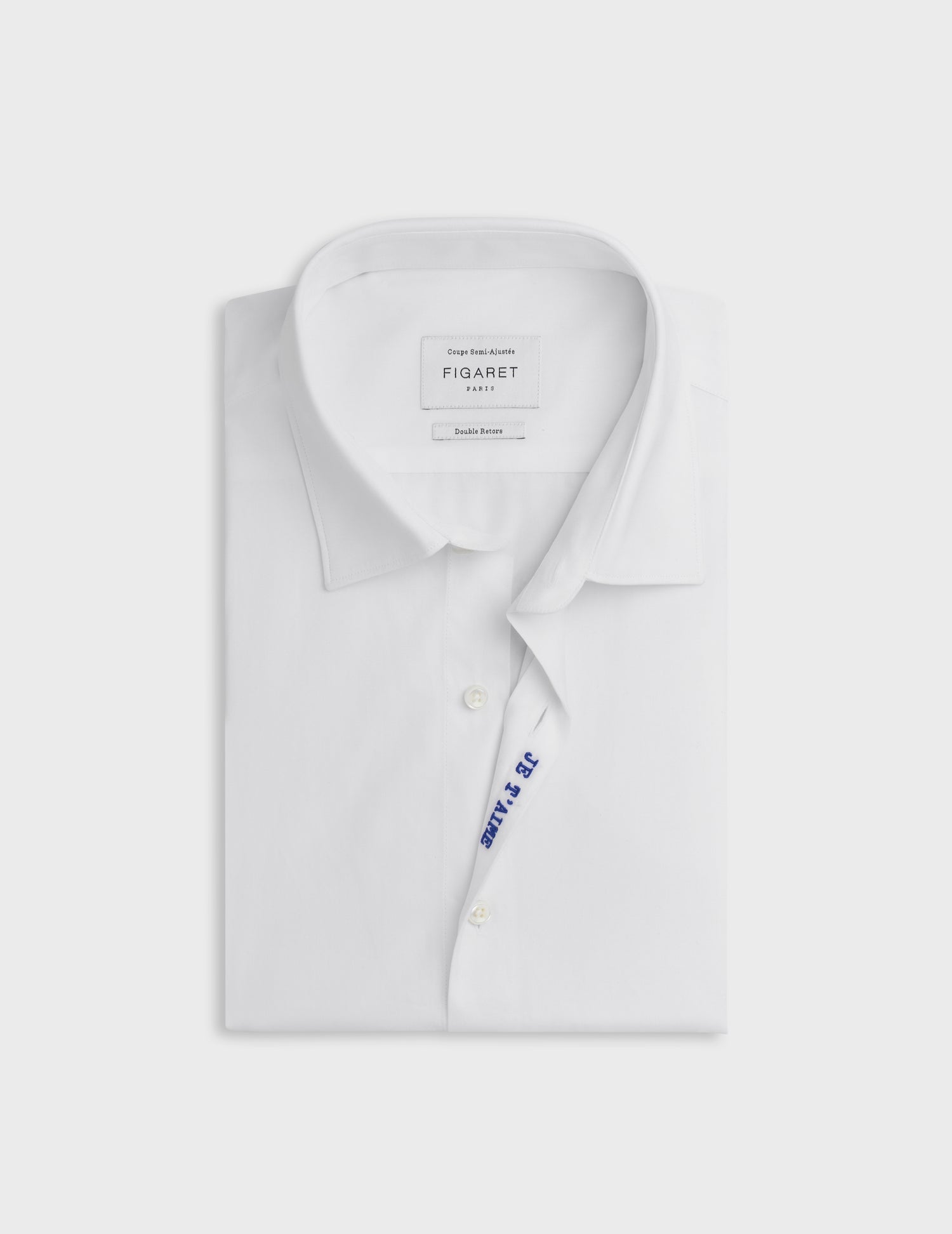 White "Je t'aime" shirt with blue embroidery - Poplin - Figaret Collar#7