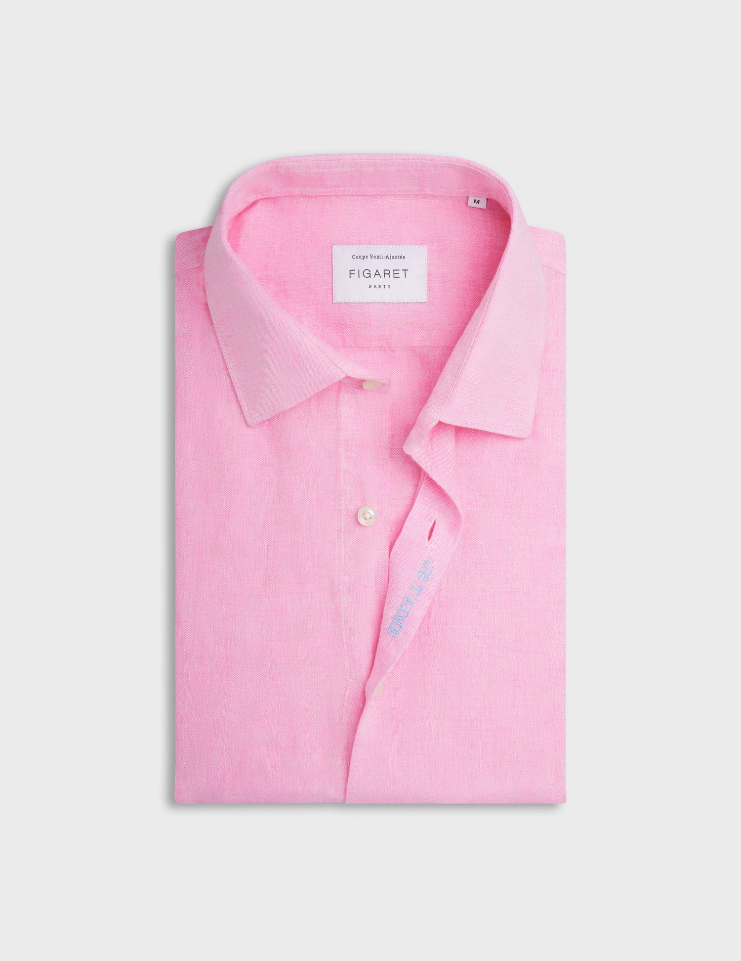 Pink unisex "je t'aime" shirt with blue embroidery - Linen - Figaret Collar#7