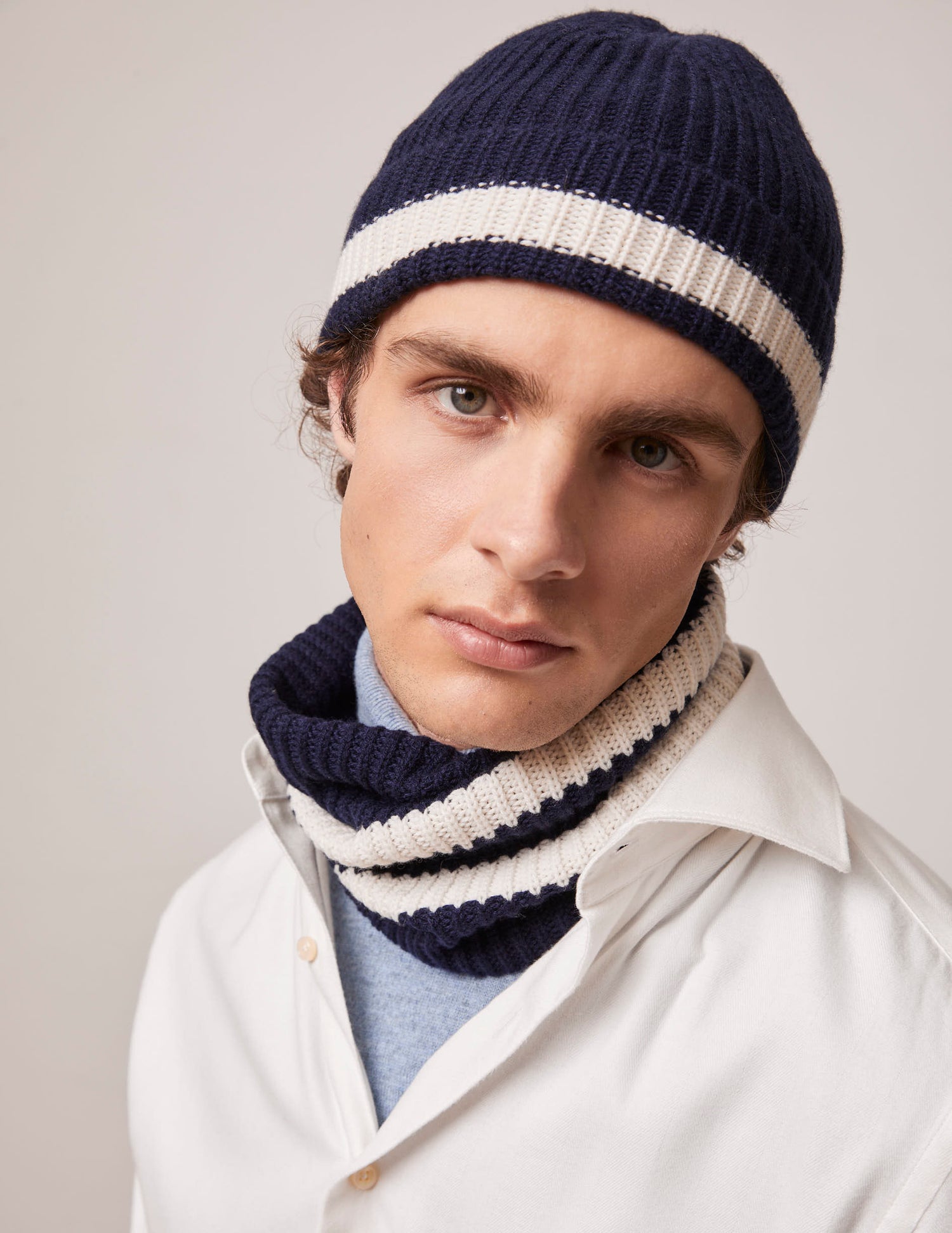 Navy and ecru knit neck warmer