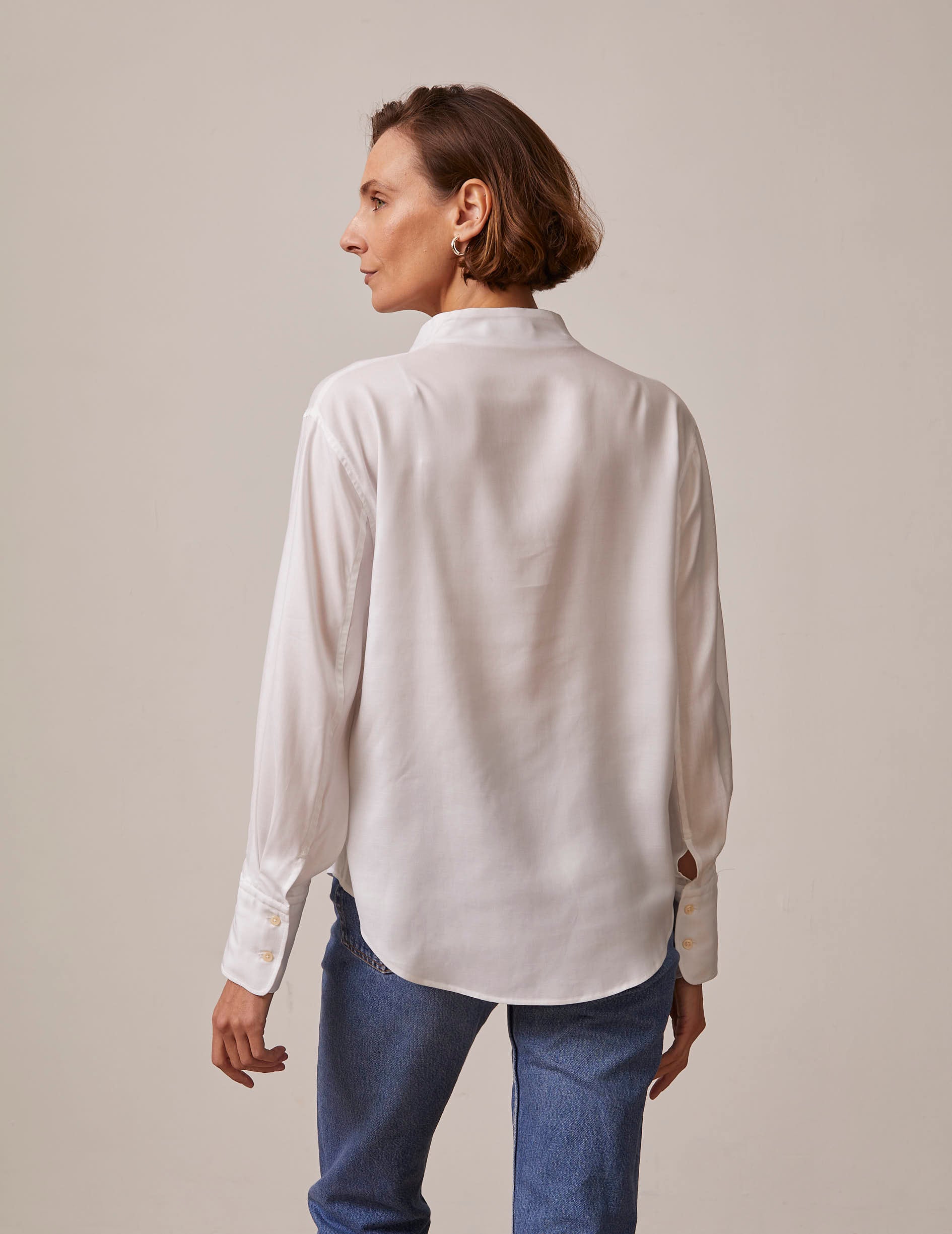 White Hidden button placket Ilena shirt - Lyocell - Rising shawl Collar