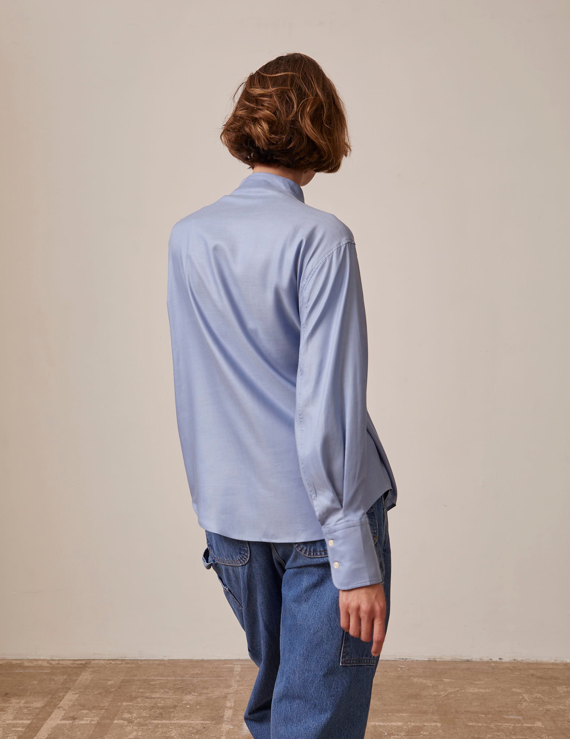 Ilena Hidden button placket blue shirt - Lyocell - Rising shawl Collar