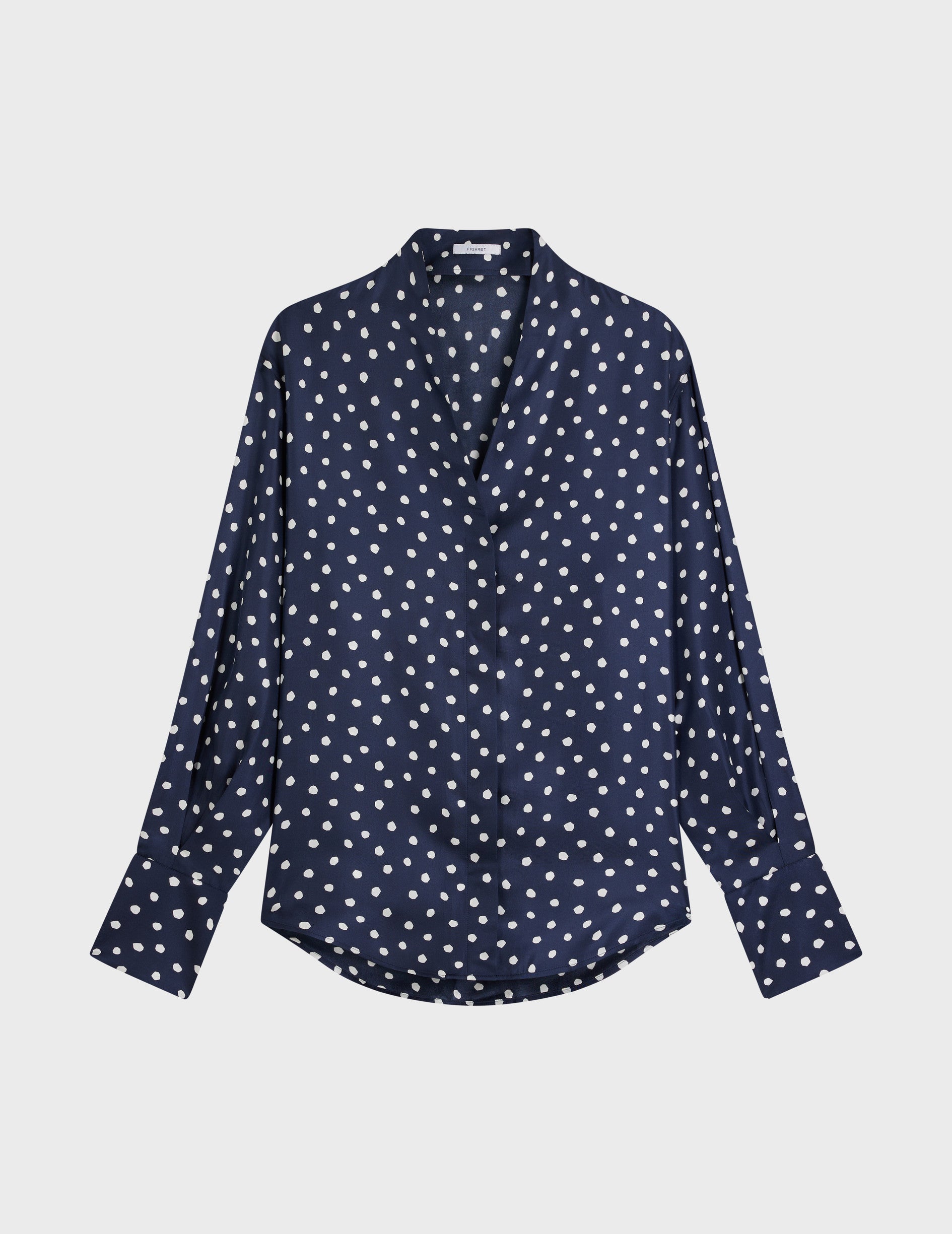 Navy blue Hidden button placket Ilena shirt - Twill - Rising shawl Collar