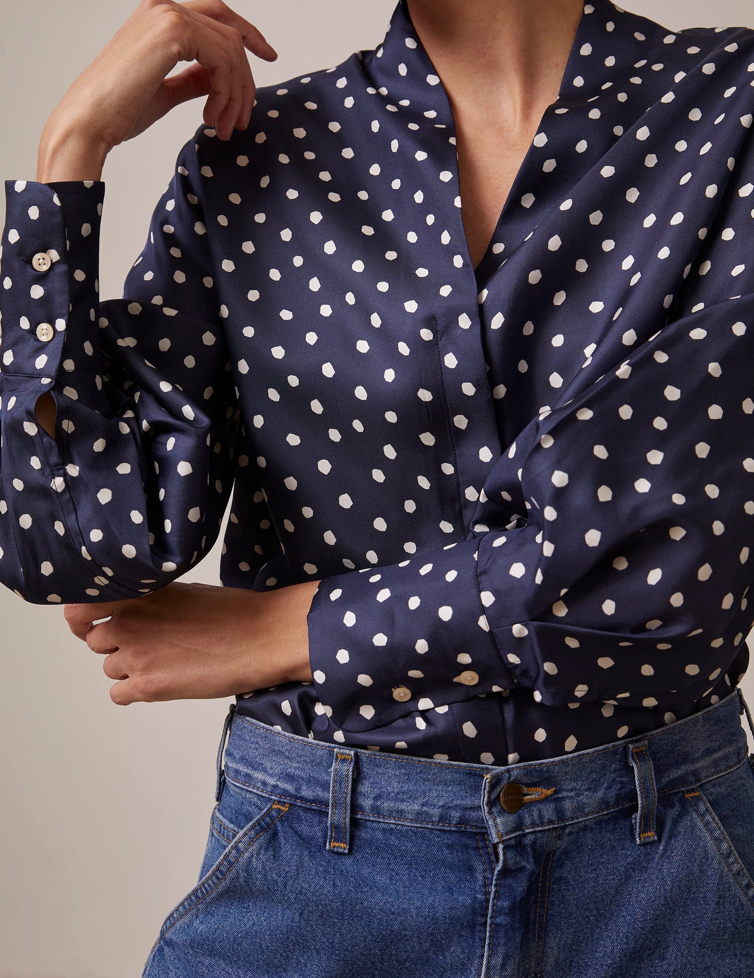 Ilena Hidden button placket navy blue shirt - Twill - Rising shawl Collar#3