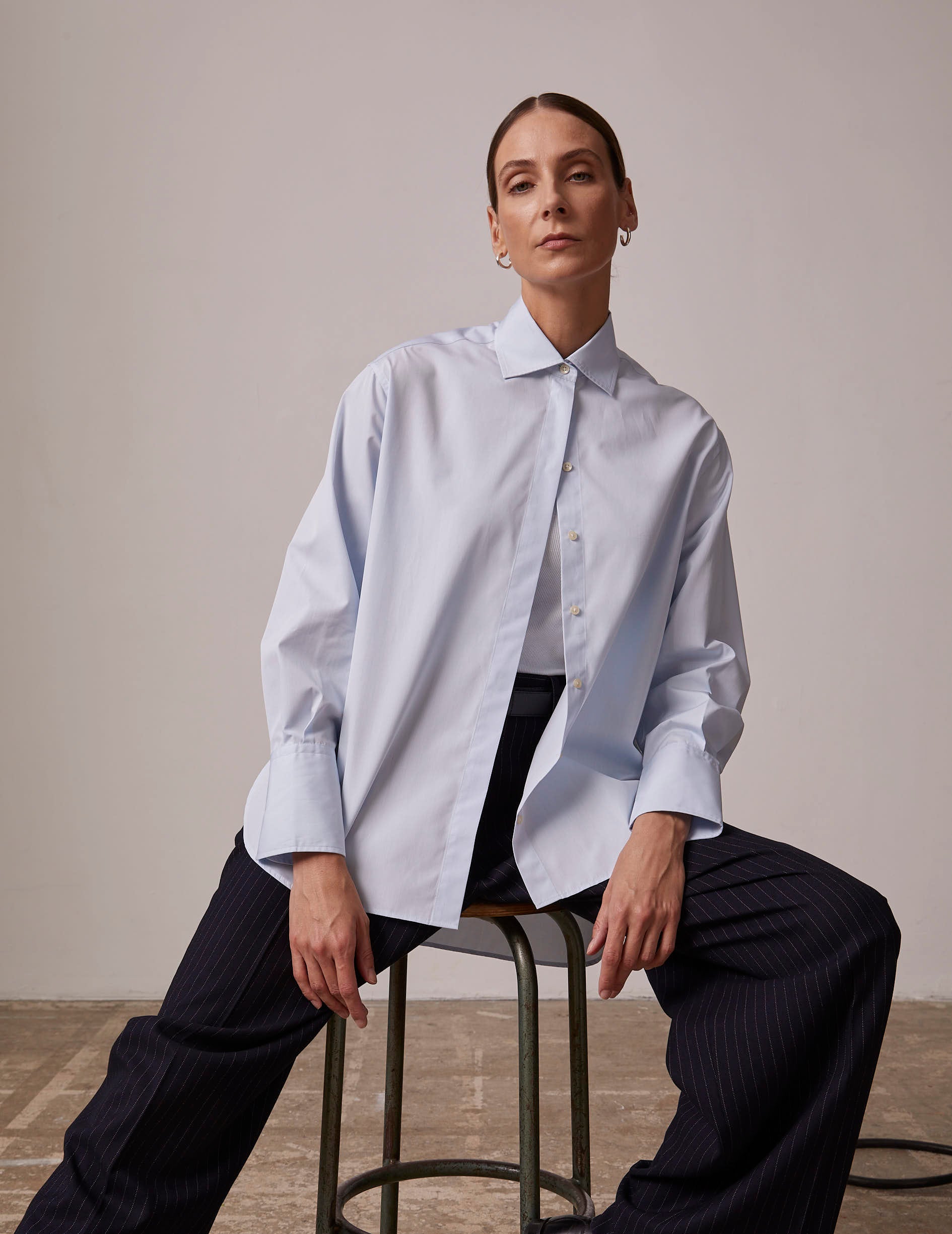 Irene Hidden button placket blue shirt - Poplin - Shirt Collar