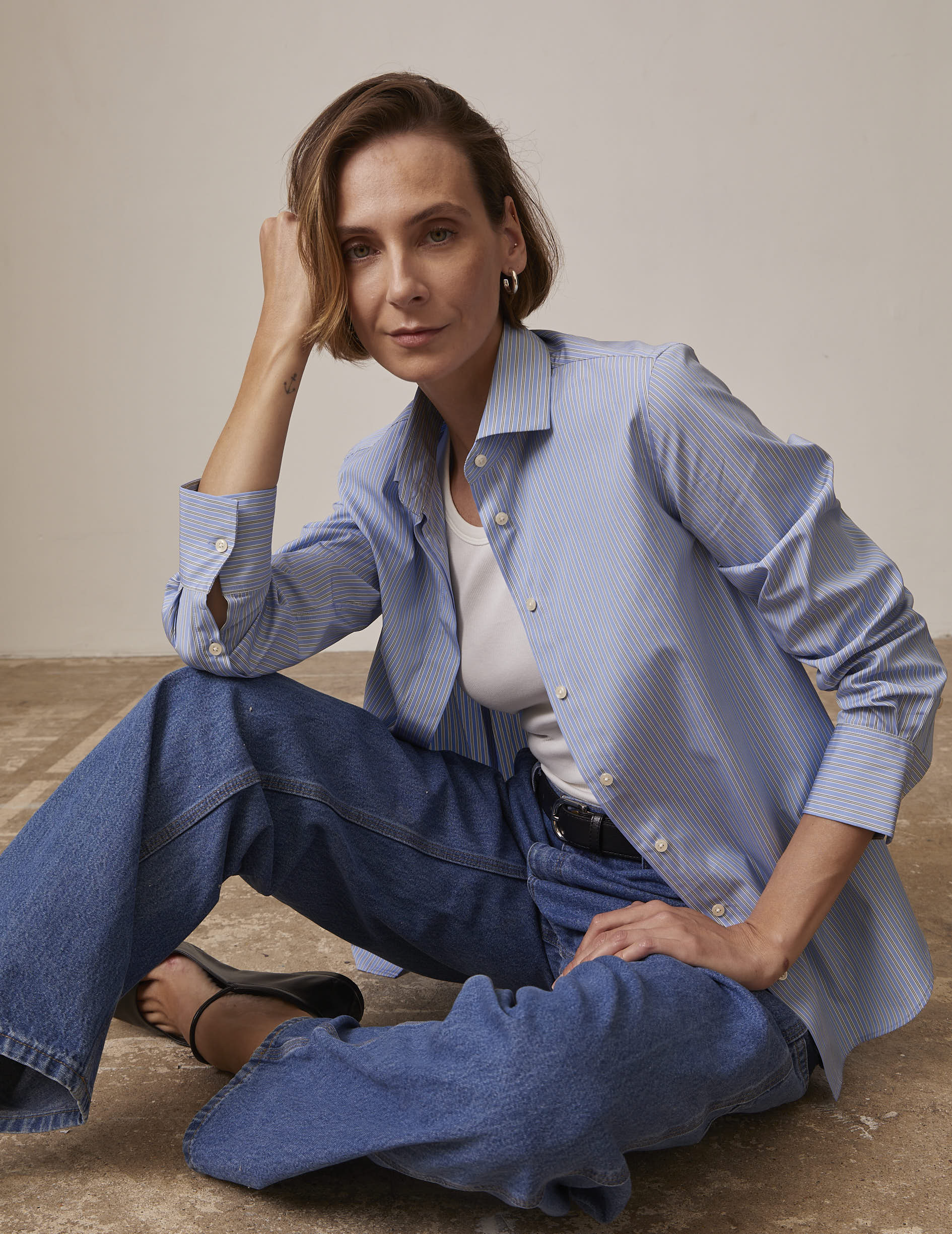 Blue striped Hidden button placket Irina shirt - Poplin - Italian Collar