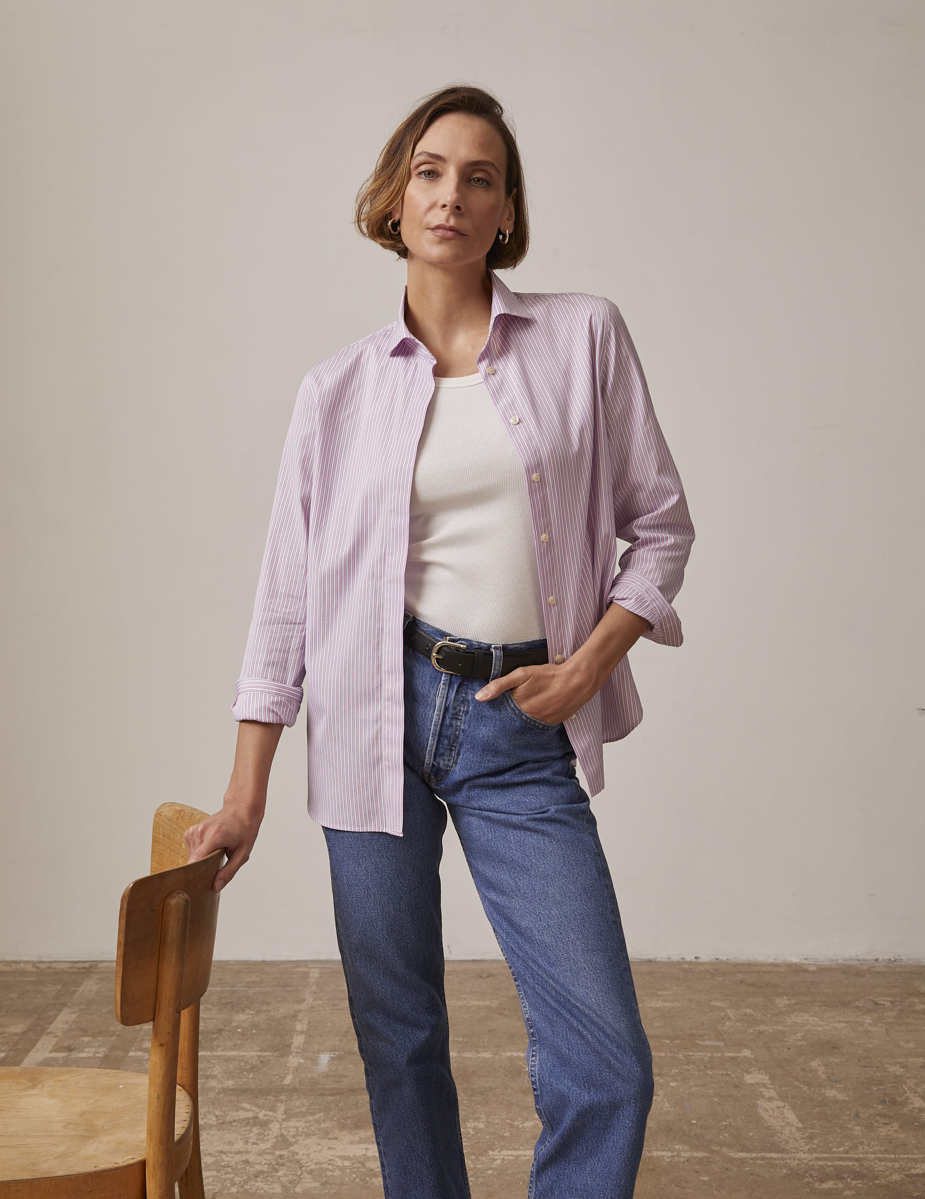 Pink striped Hidden button placket Irina shirt - Poplin - Italian Collar