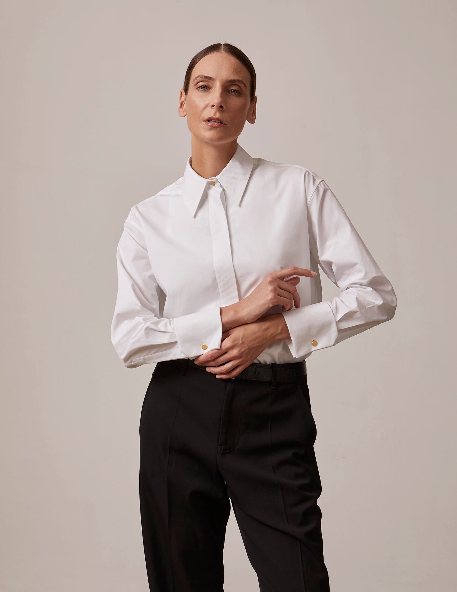 Iris Hidden button placket white shirt - fashioned - Long Collar - Musketeers Cuffs#2