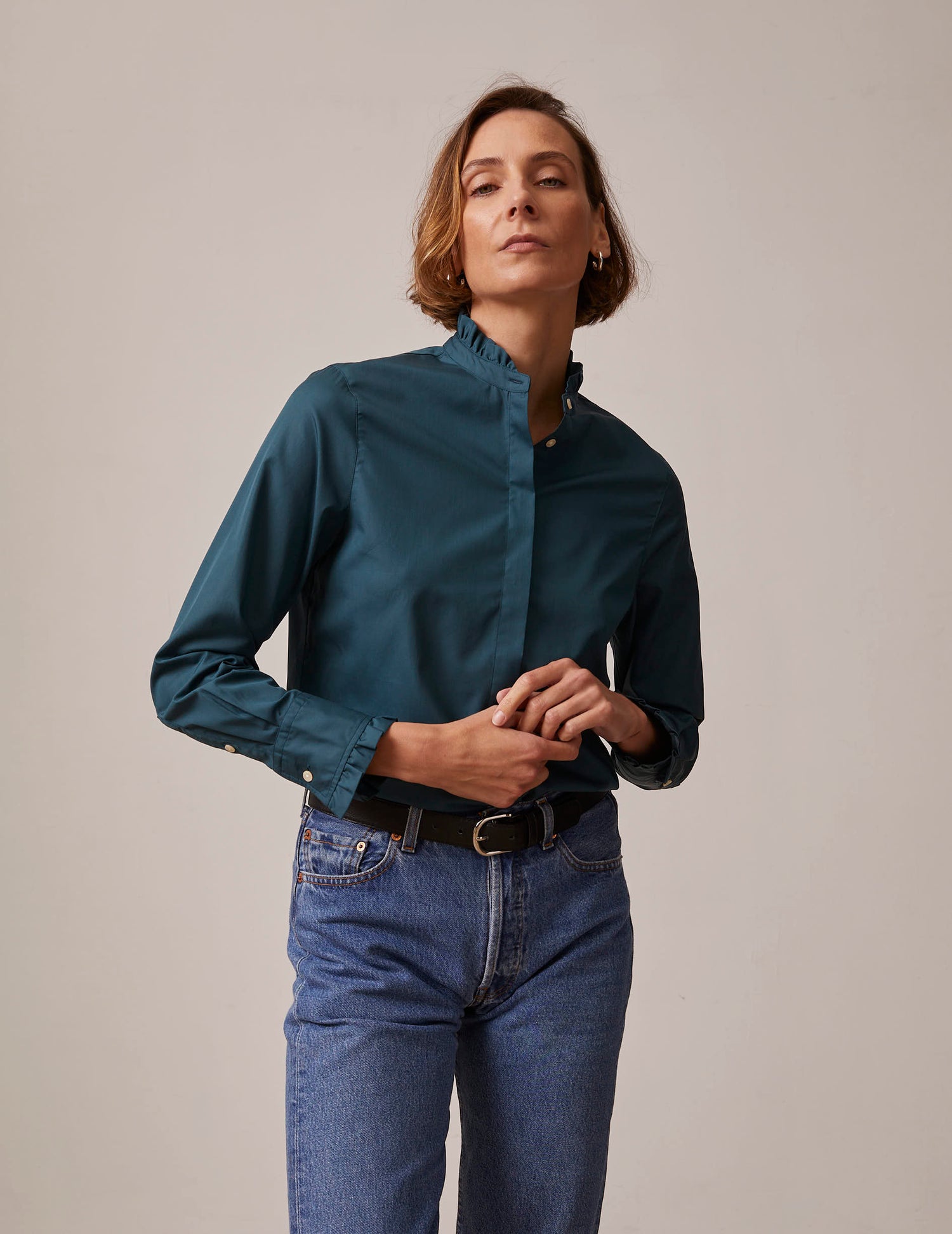 Louison Hidden button placket green shirt - Poplin - Victorian Collar