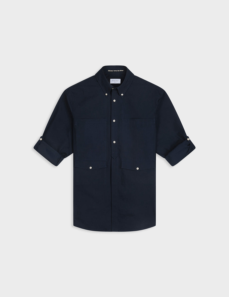 Antoine navy embroidered aviator shirt - Ripstop - Prodigious buttoned Collar