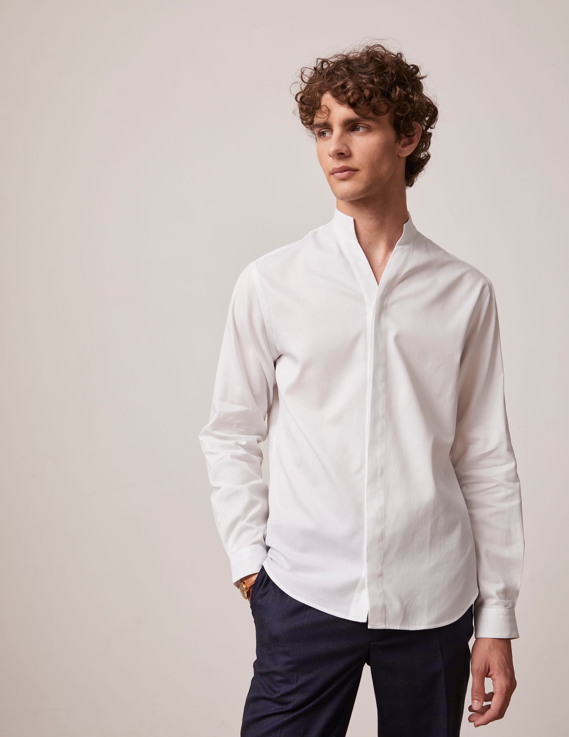 Hidden button placket white Carl shirt - Dobby - Open straight Collar