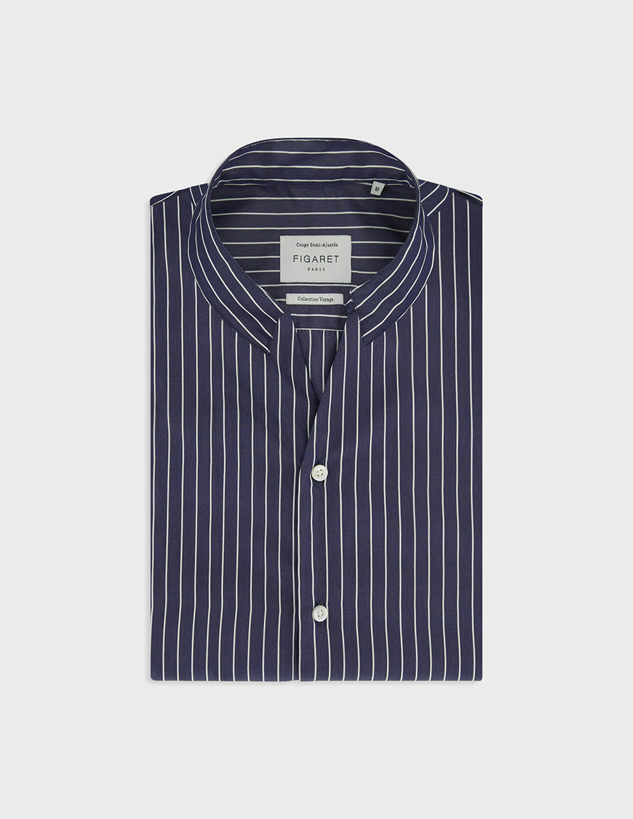 Navy blue striped Carl shirt - Poplin - Open straight Collar