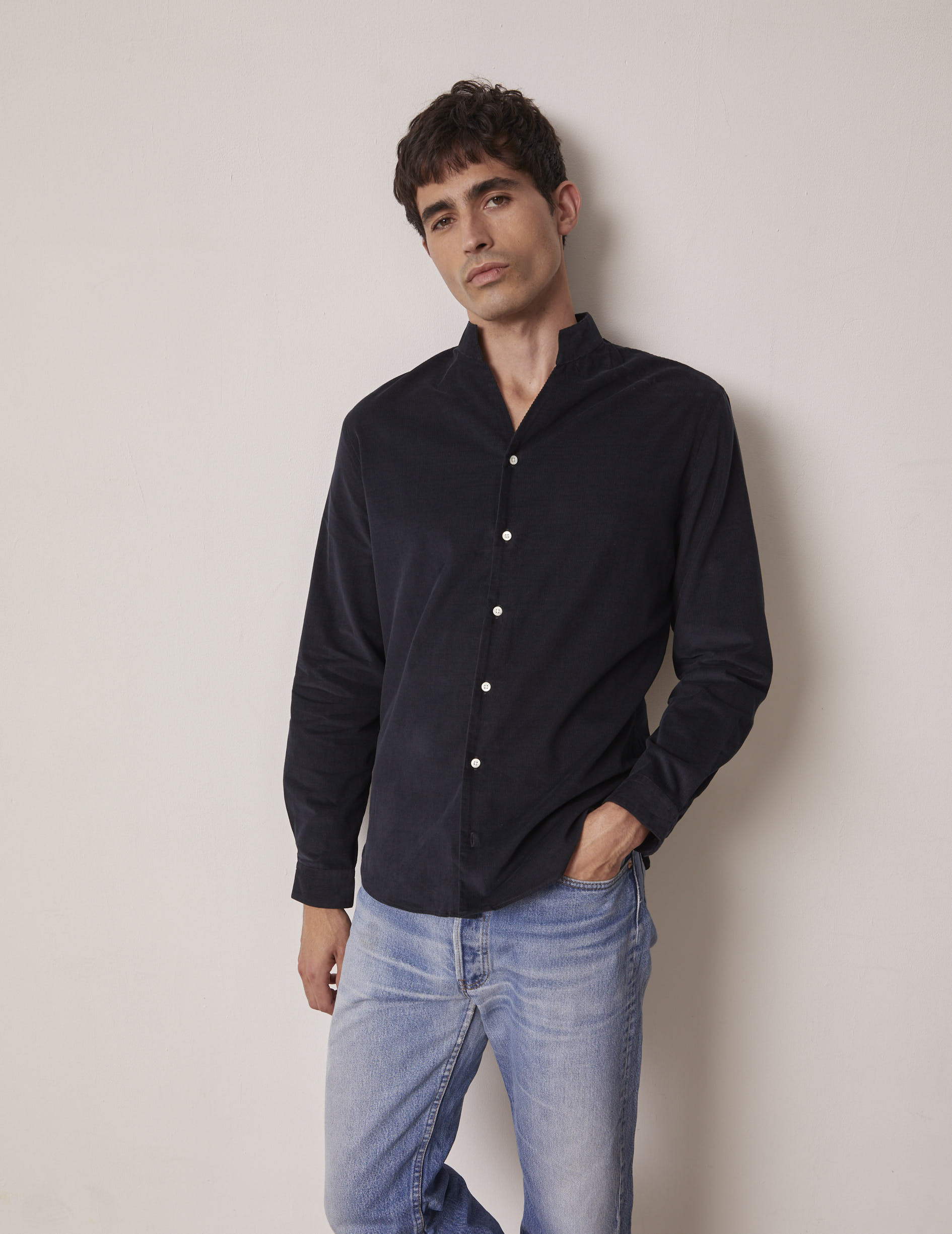 Navy blue Carl shirt - Velvet - Open straight Collar