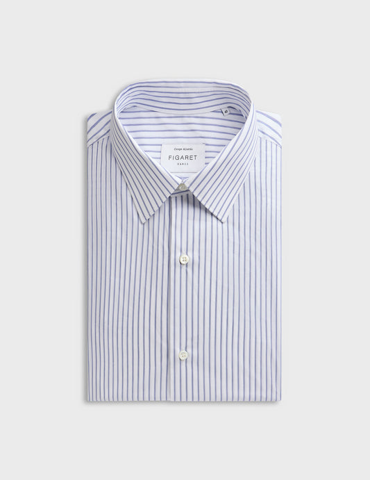 Navy blue striped fitted shirt - Poplin - Figaret Collar
