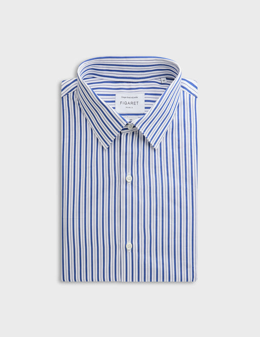 Navy blue striped semi-fitted shirt - Poplin - Figaret Collar