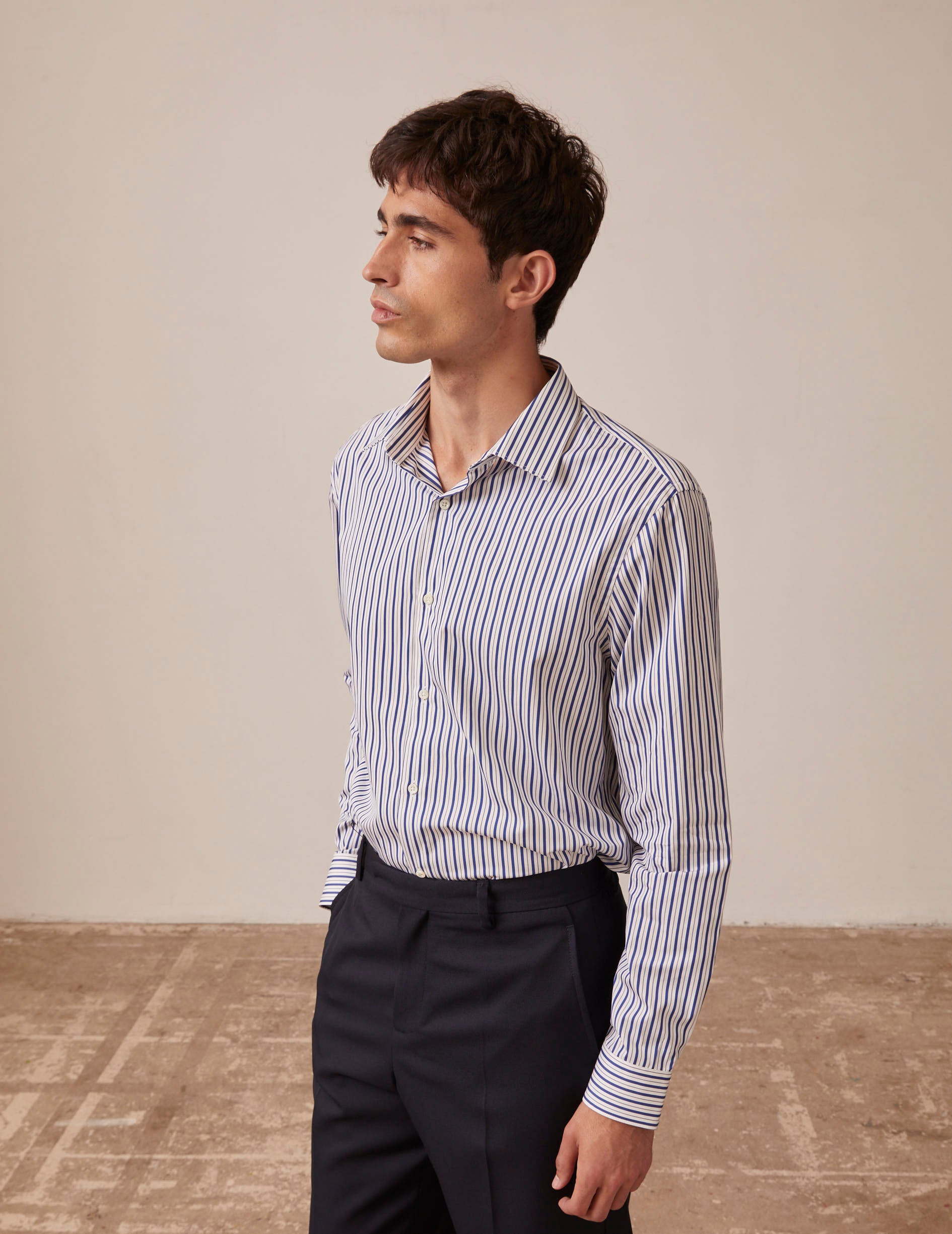 semi-fitted Navy blue striped shirt - Poplin - Figaret Collar