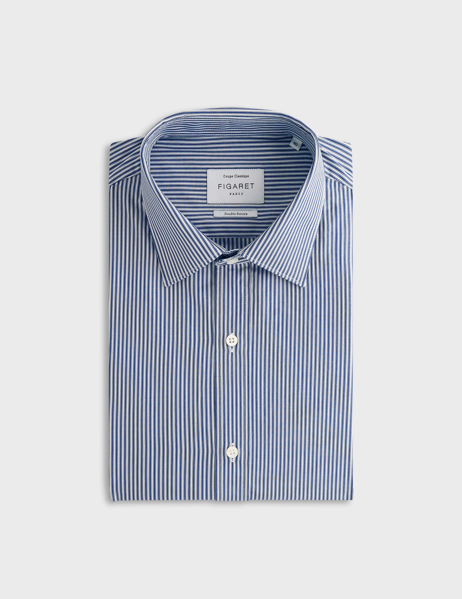 Navy blue striped classic shirt - Poplin - Figaret Collar