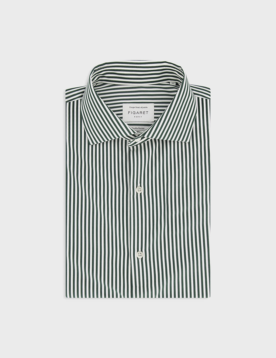 Green striped semi-fitted shirt - Poplin - Reverse Collar