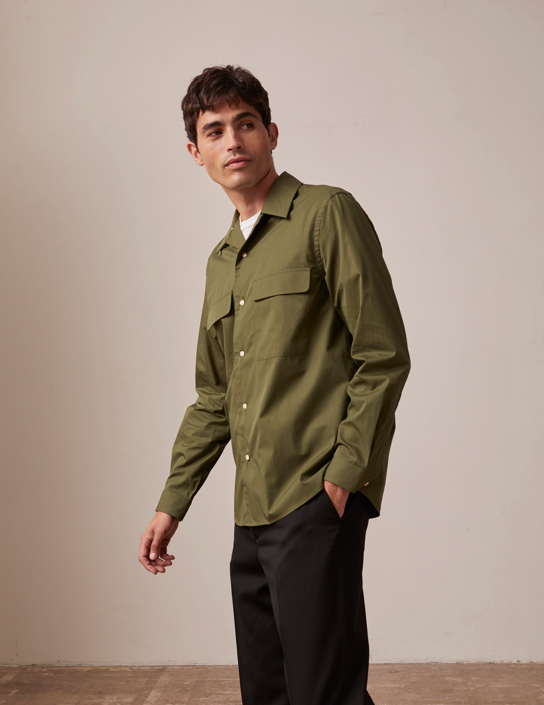 Khaki Ivano shirt - Poplin - Cuban with bridle Collar