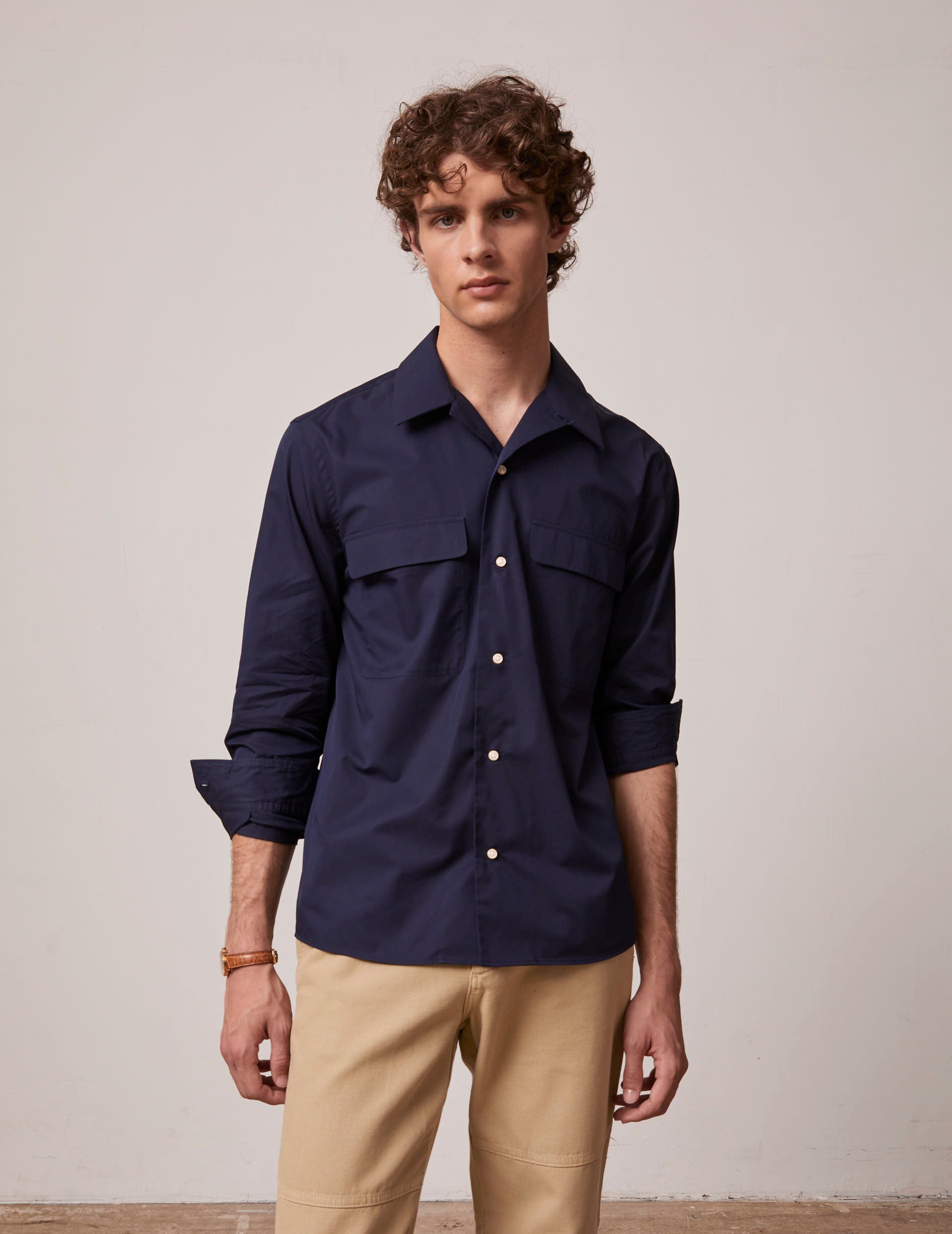 Navy blue Ivano shirt - Poplin - Cuban with bridle Collar