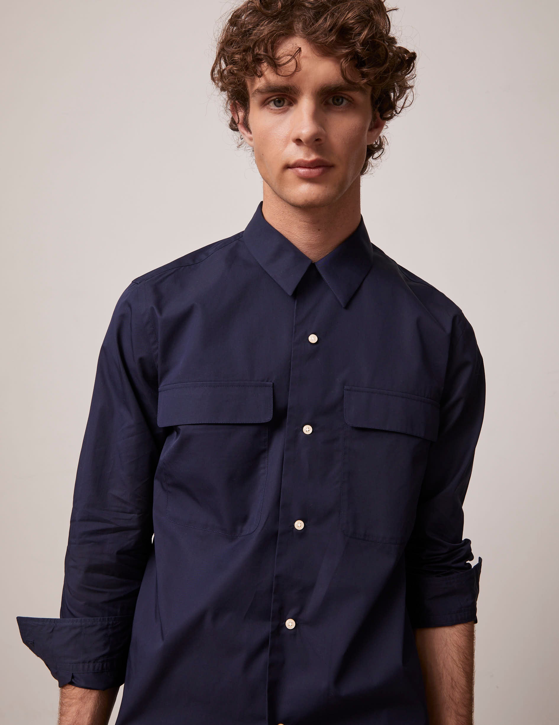 Navy blue Ivano shirt - Poplin - Cuban with bridle Collar