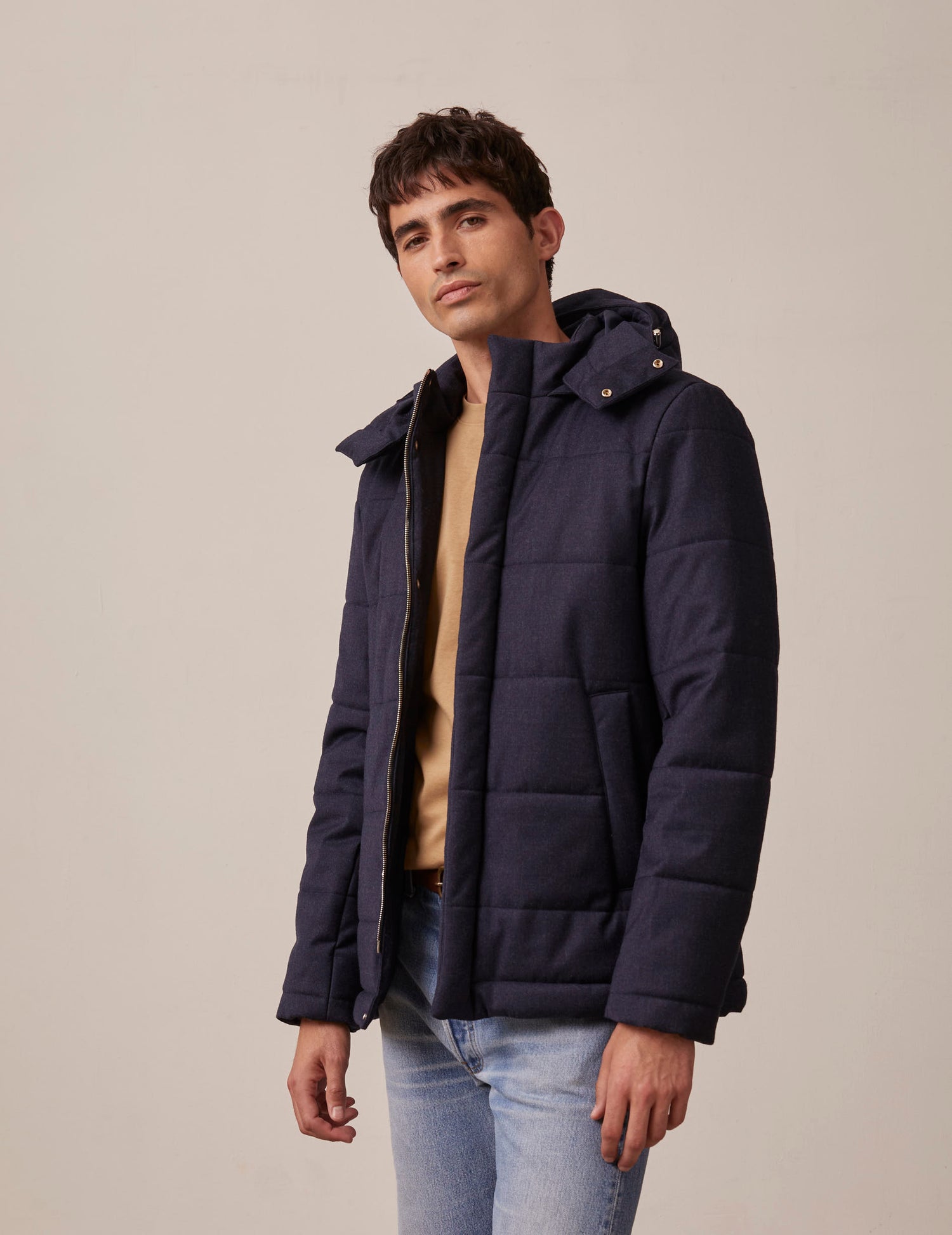 Isola down jacket in navy blue flannel