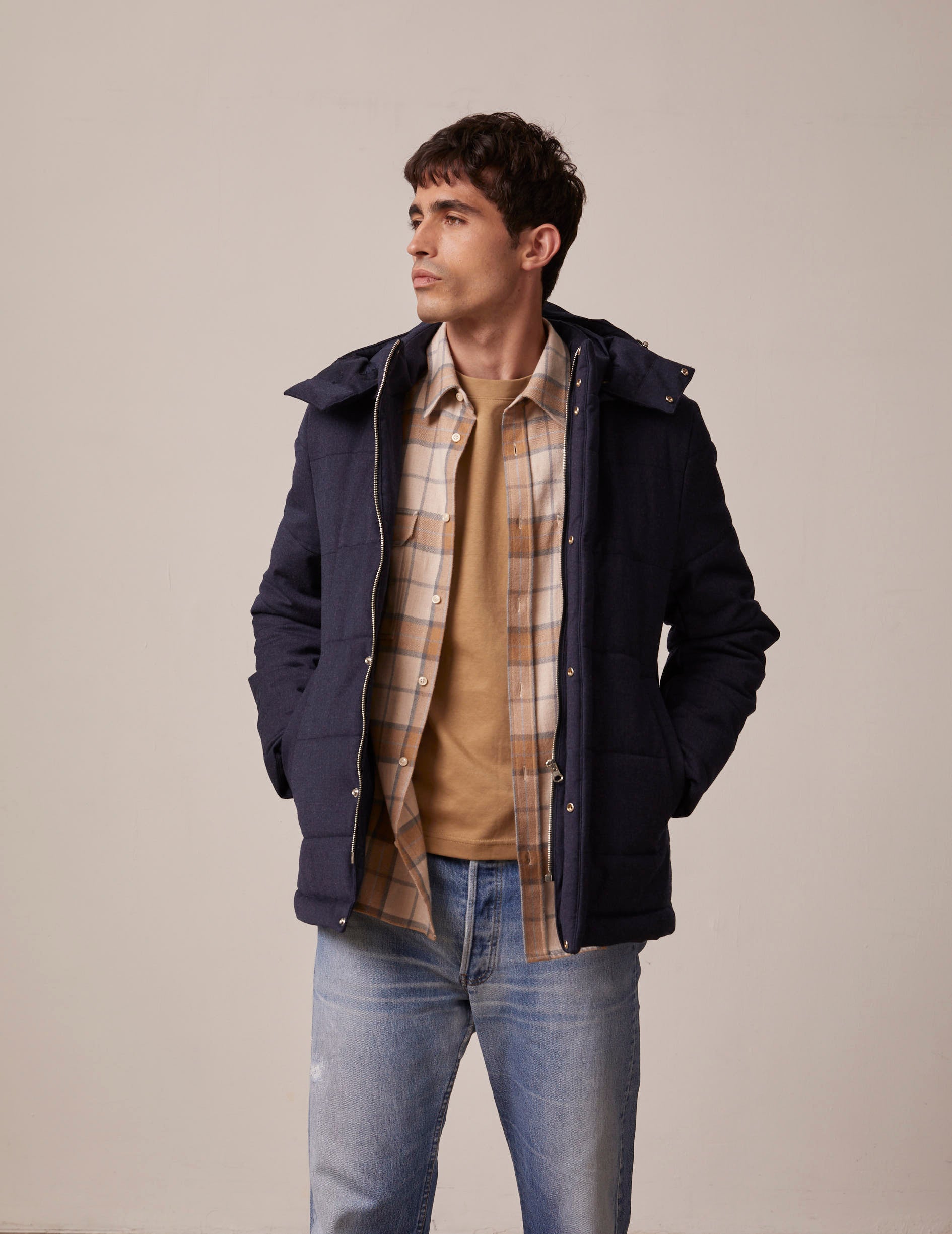 Isola down jacket in navy blue flannel